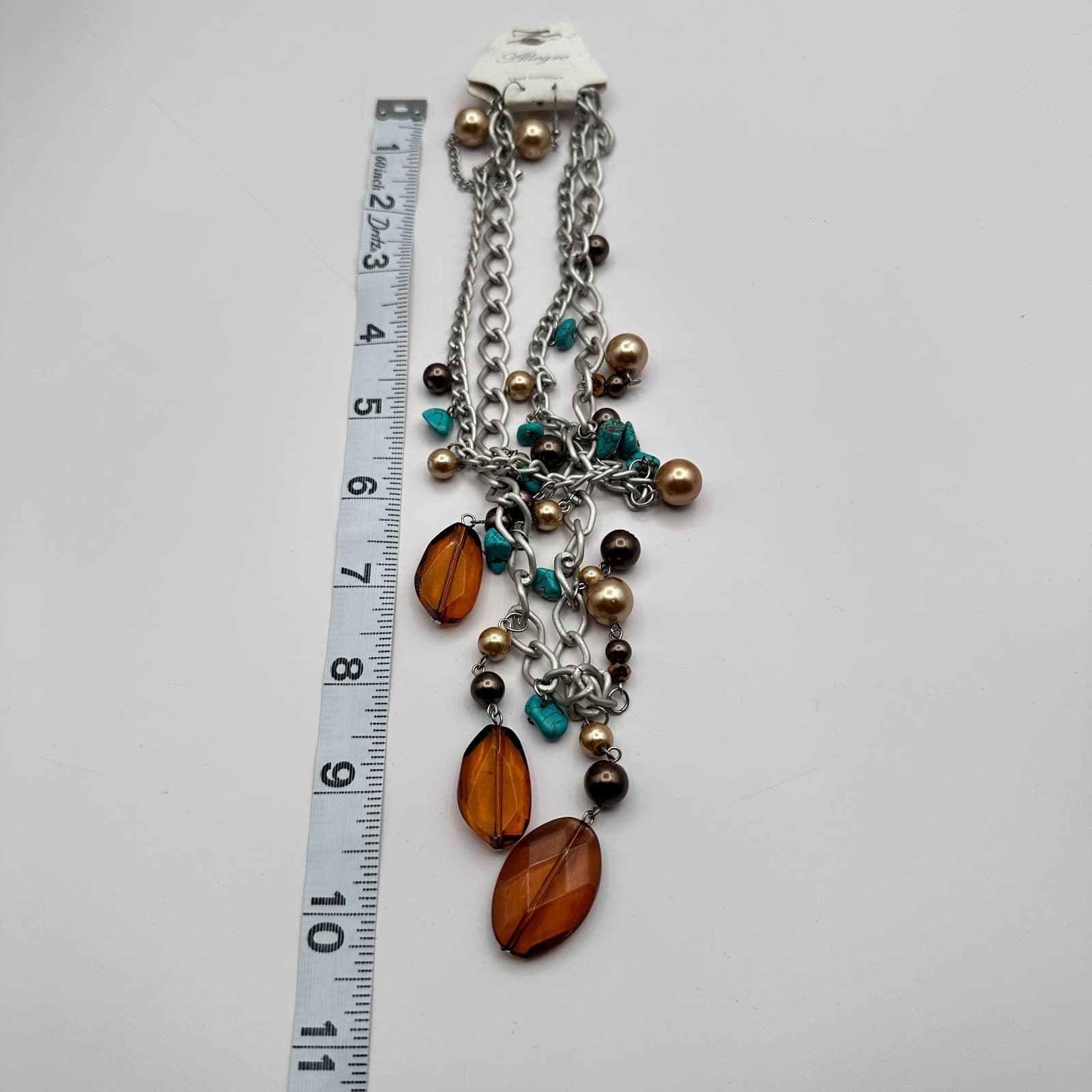 Vintage 90s Allegro Silver Tone Faux Pearl Glass Turquoise Necklace Earrings Set - Thumbnail 9