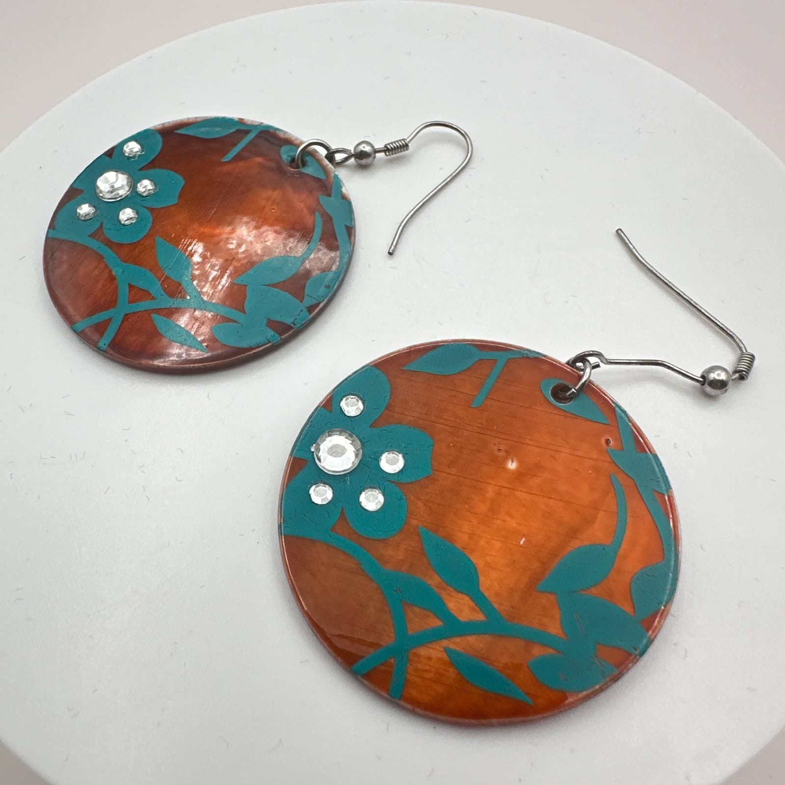 VTG 90s Silver Tone Teal Floral Round Dangle Earrings Women's Fashion Jewelry - Thumbnail 5