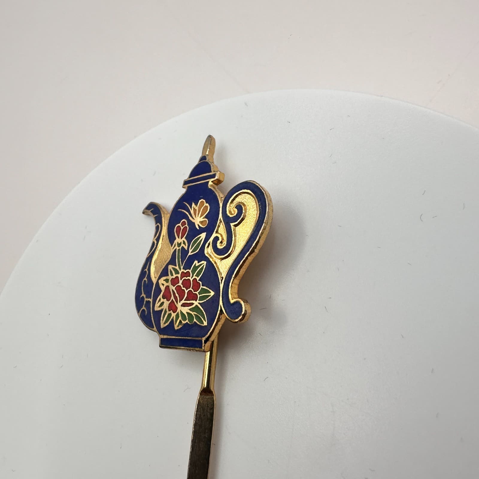 Vintage 90s Cloisonne Teapot Hair Sticks Gold Tone Blue Enamel Women's Jewelry - Thumbnail 5