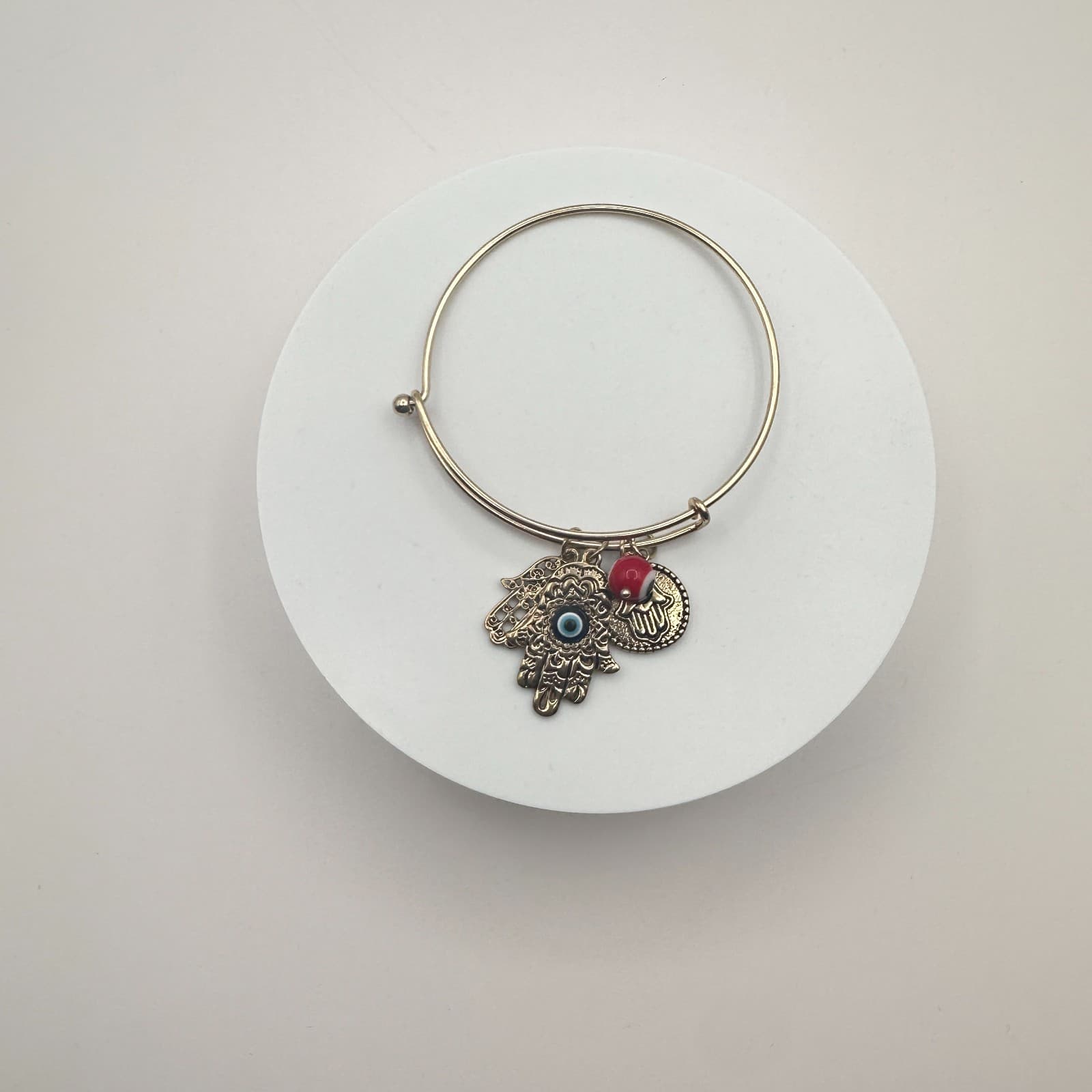 Vintage 90s Gold Tone Hamsa Hand Evil Eye Charm Bangle Bracelet Glass Bead Boho - Thumbnail 2