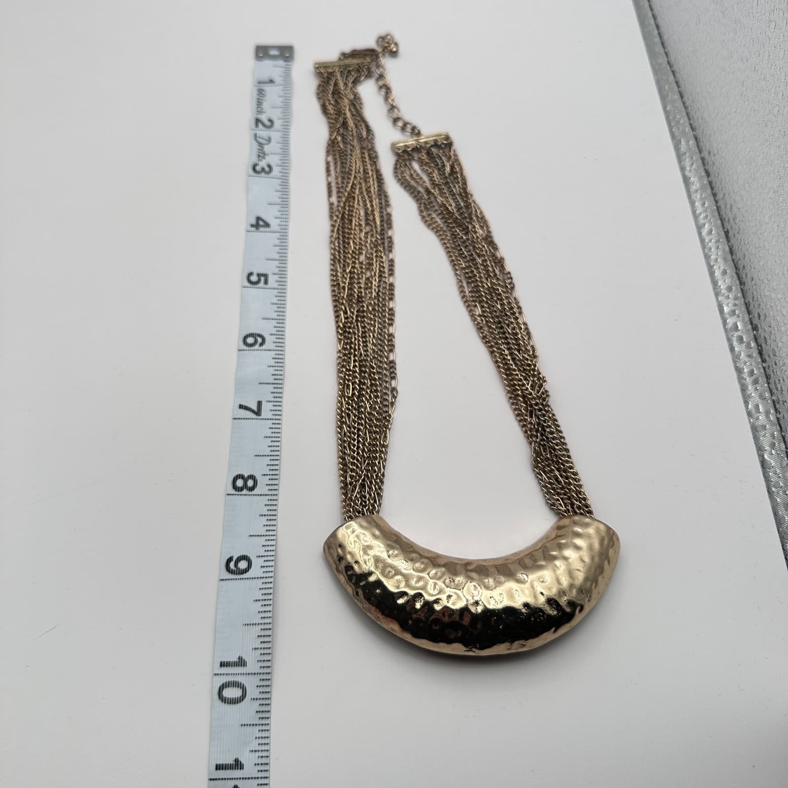 Vintage 90s Multi Strand Gold Tone Chain Hammered Crescent Statement Necklace - Thumbnail 12