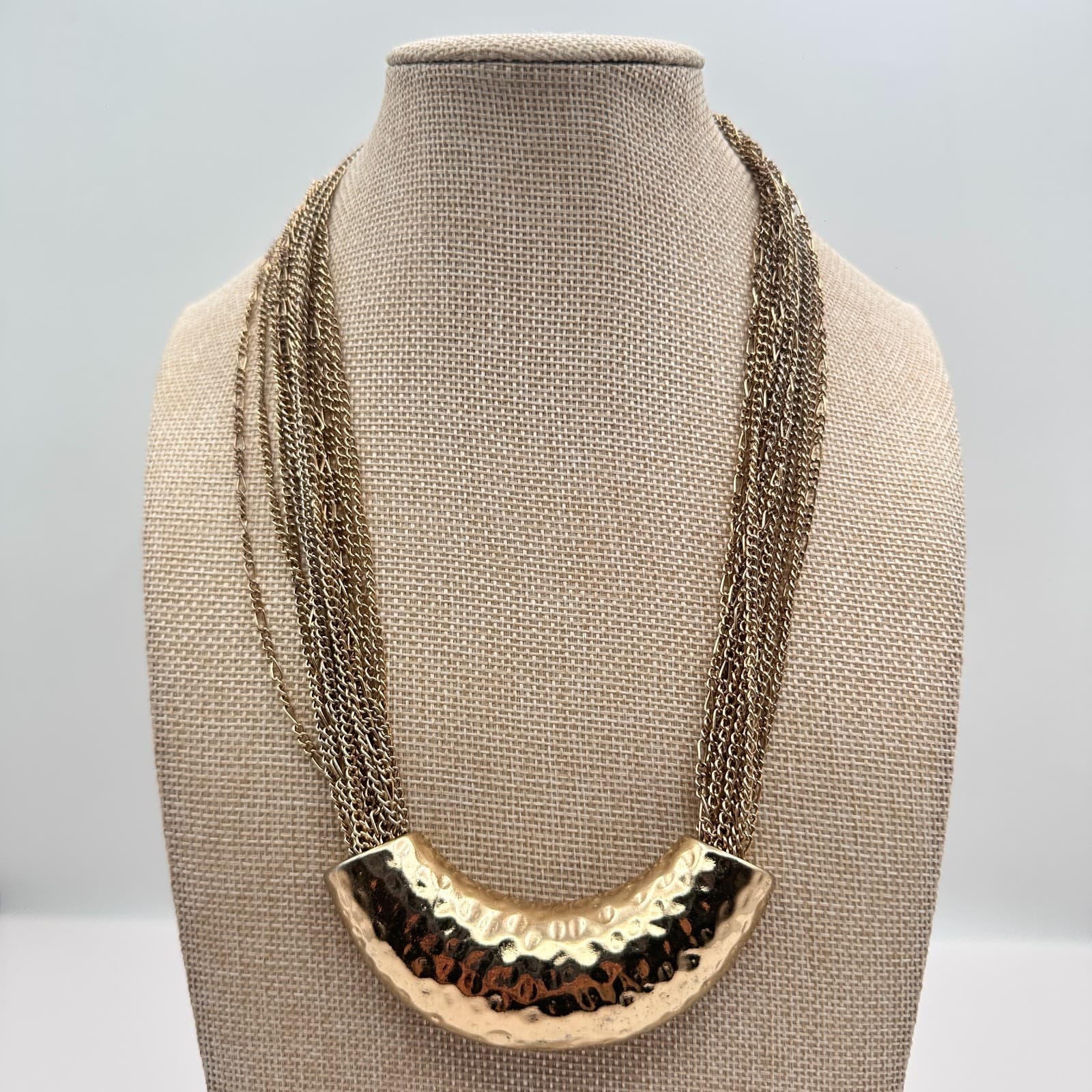 Vintage 90s Multi Strand Gold Tone Chain Hammered Crescent Statement Necklace - Thumbnail 10