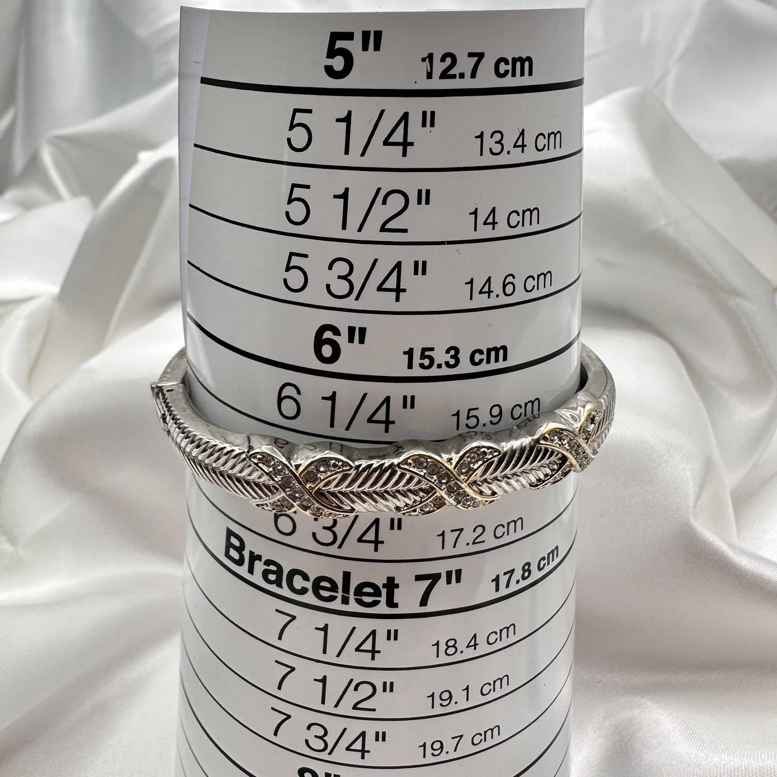 Vintage 90s Silver Tone Leaf Bangle Bracelet Glass Accents Boho Fashion Jewelry - Thumbnail 10