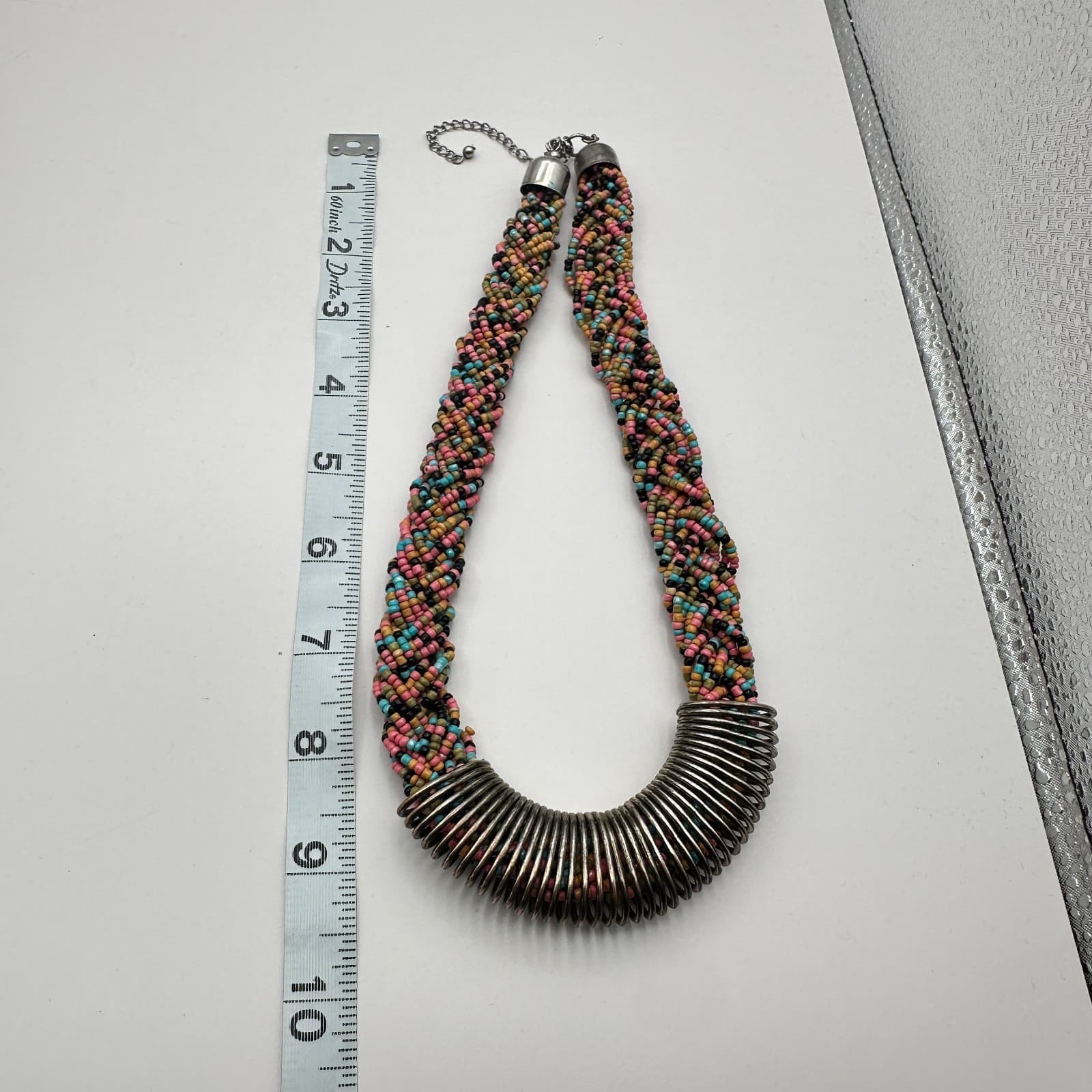 Vintage 90s Silver Tone Coil Rope Beaded Necklace Women's Classic Jewelry - Thumbnail 8