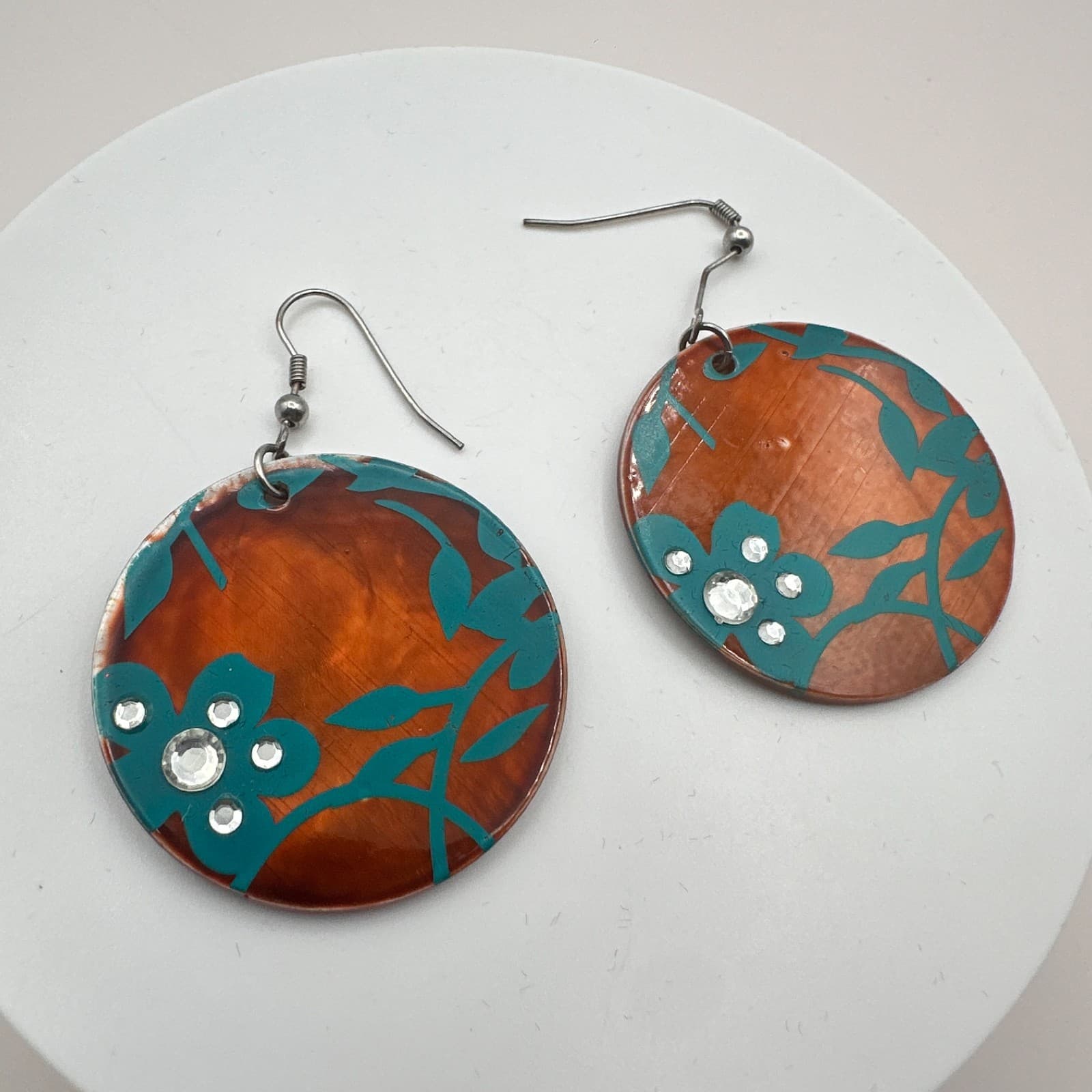 VTG 90s Silver Tone Teal Floral Round Dangle Earrings Women's Fashion Jewelry - Thumbnail 3