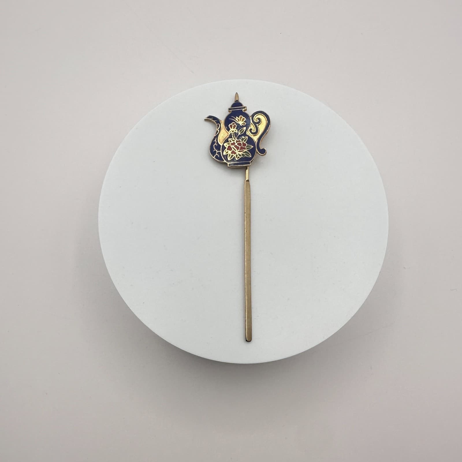 Vintage 90s Cloisonne Teapot Hair Sticks Gold Tone Blue Enamel Women's Jewelry - Thumbnail 2