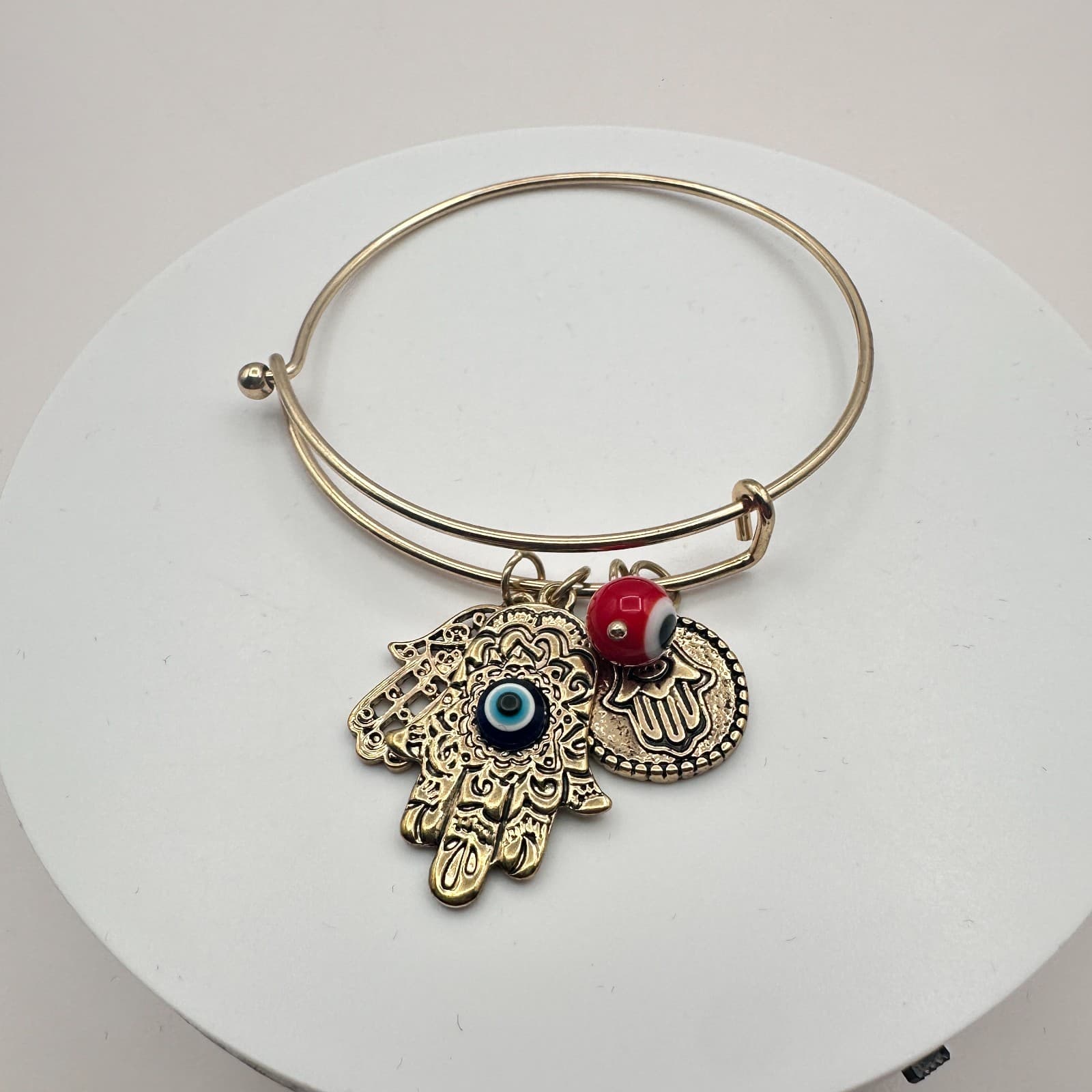 Vintage 90s Gold Tone Hamsa Hand Evil Eye Charm Bangle Bracelet Glass Bead Boho - Thumbnail 5