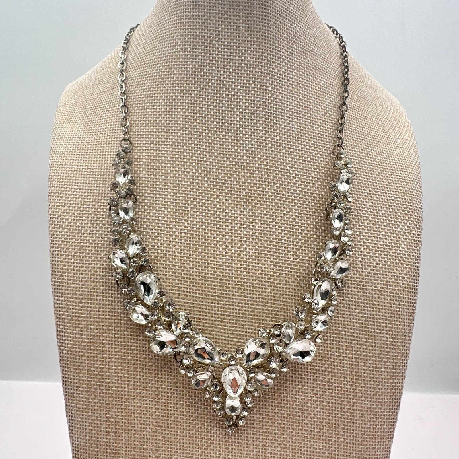 Vintage 90s Silver Tone Clear Glass Statement Necklace Cluster Bib Jewelry
