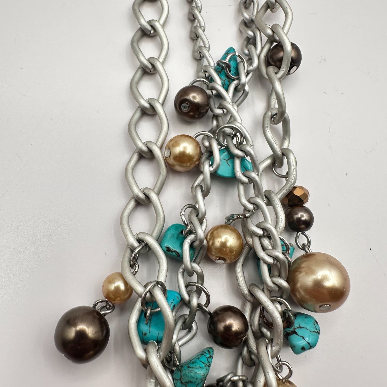 Vintage 90s Allegro Silver Tone Faux Pearl Glass Turquoise Necklace Earrings Set - Thumbnail 3