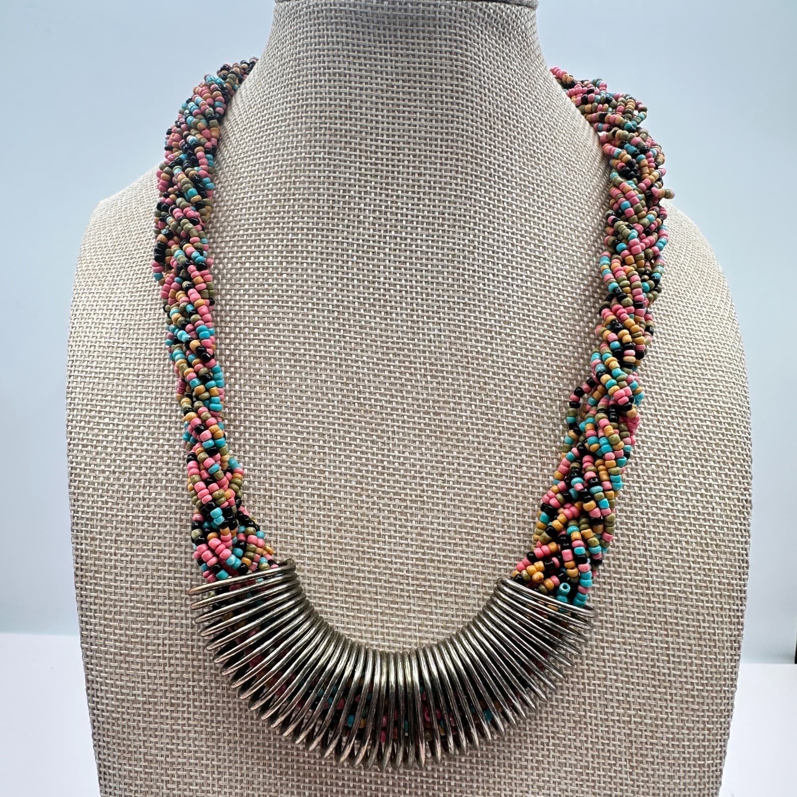 Vintage 90s Silver Tone Coil Rope Beaded Necklace Women's Classic Jewelry - Thumbnail 6