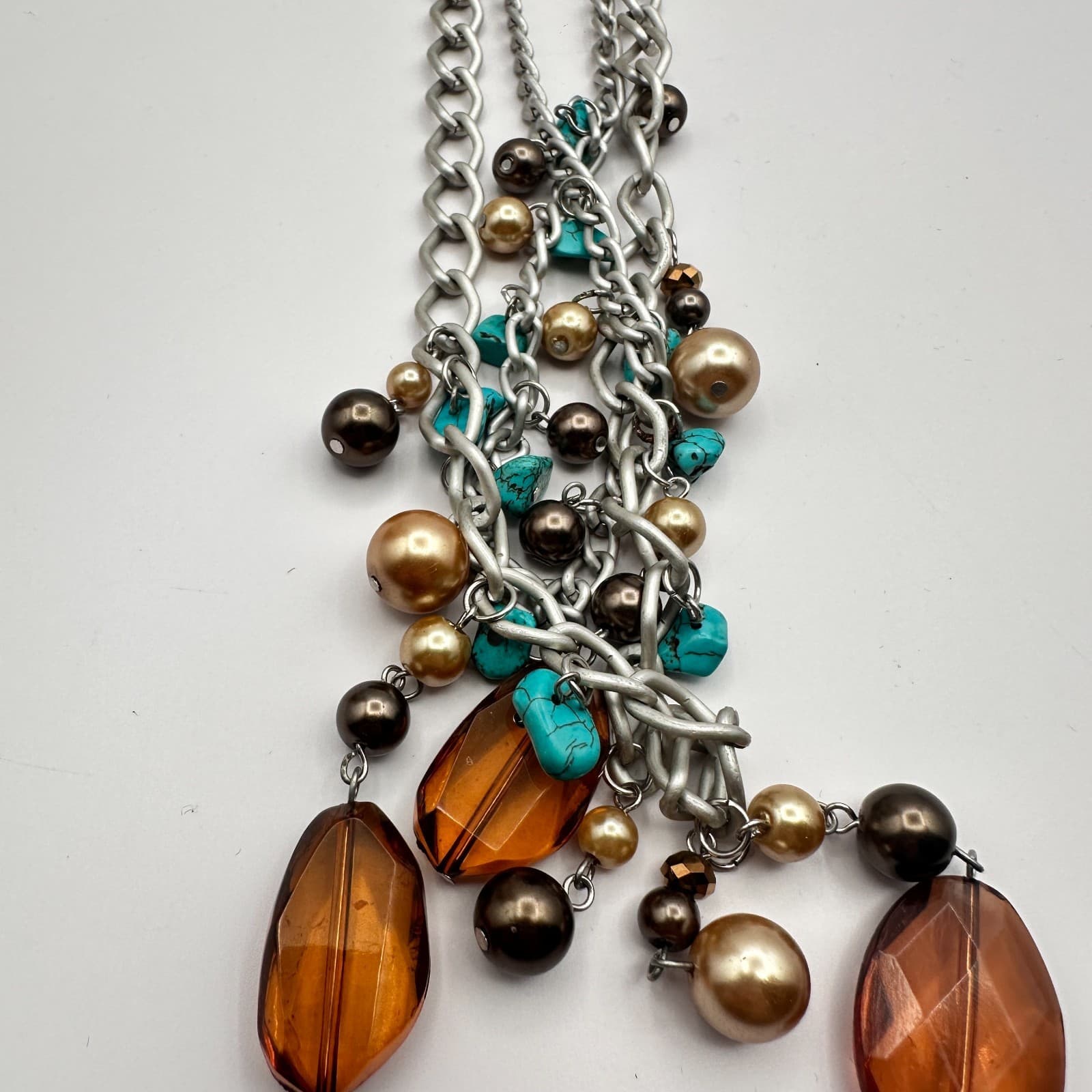 Vintage 90s Allegro Silver Tone Faux Pearl Glass Turquoise Necklace Earrings Set - Thumbnail 8