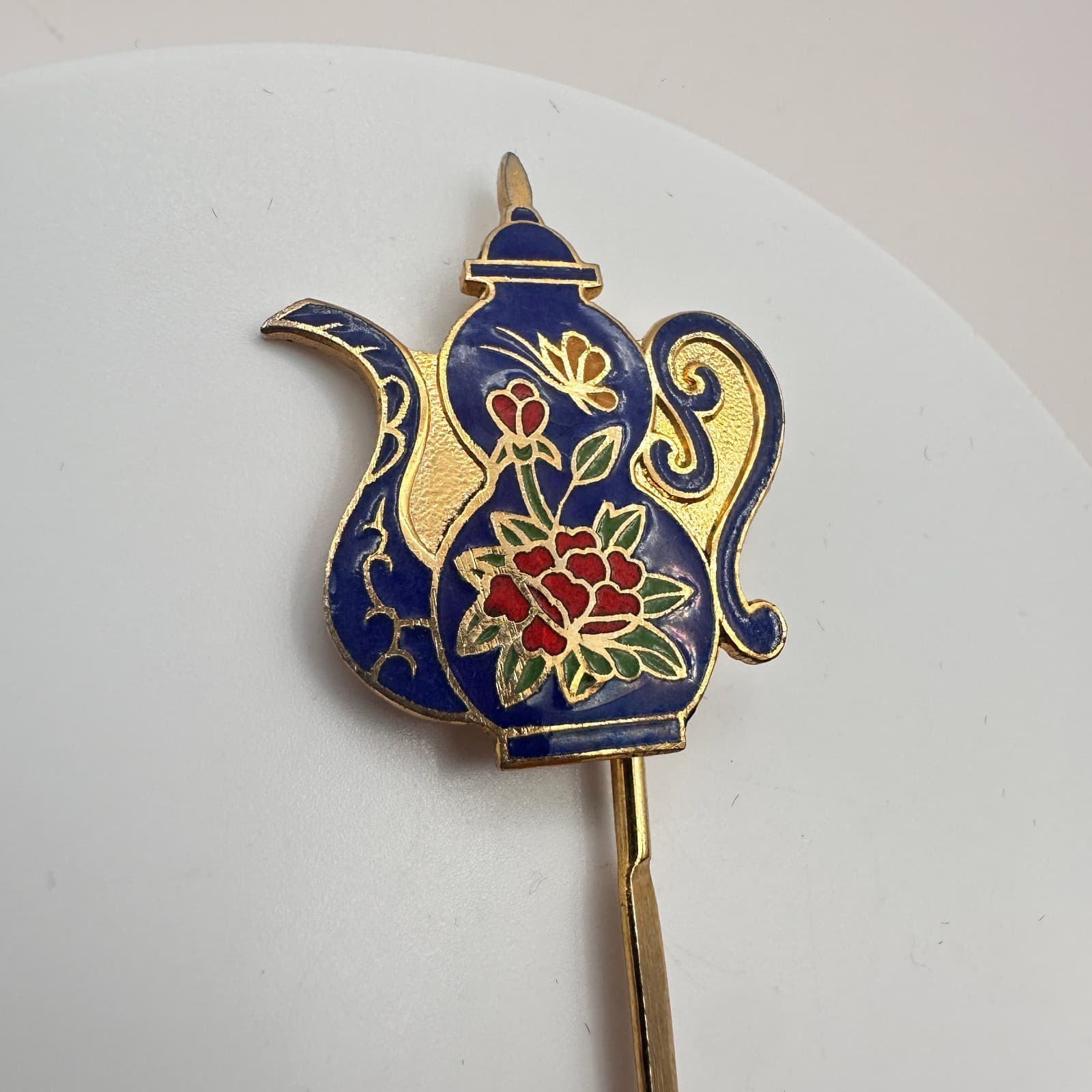 Vintage 90s Cloisonne Teapot Hair Sticks Gold Tone Blue Enamel Women's Jewelry - Thumbnail 4
