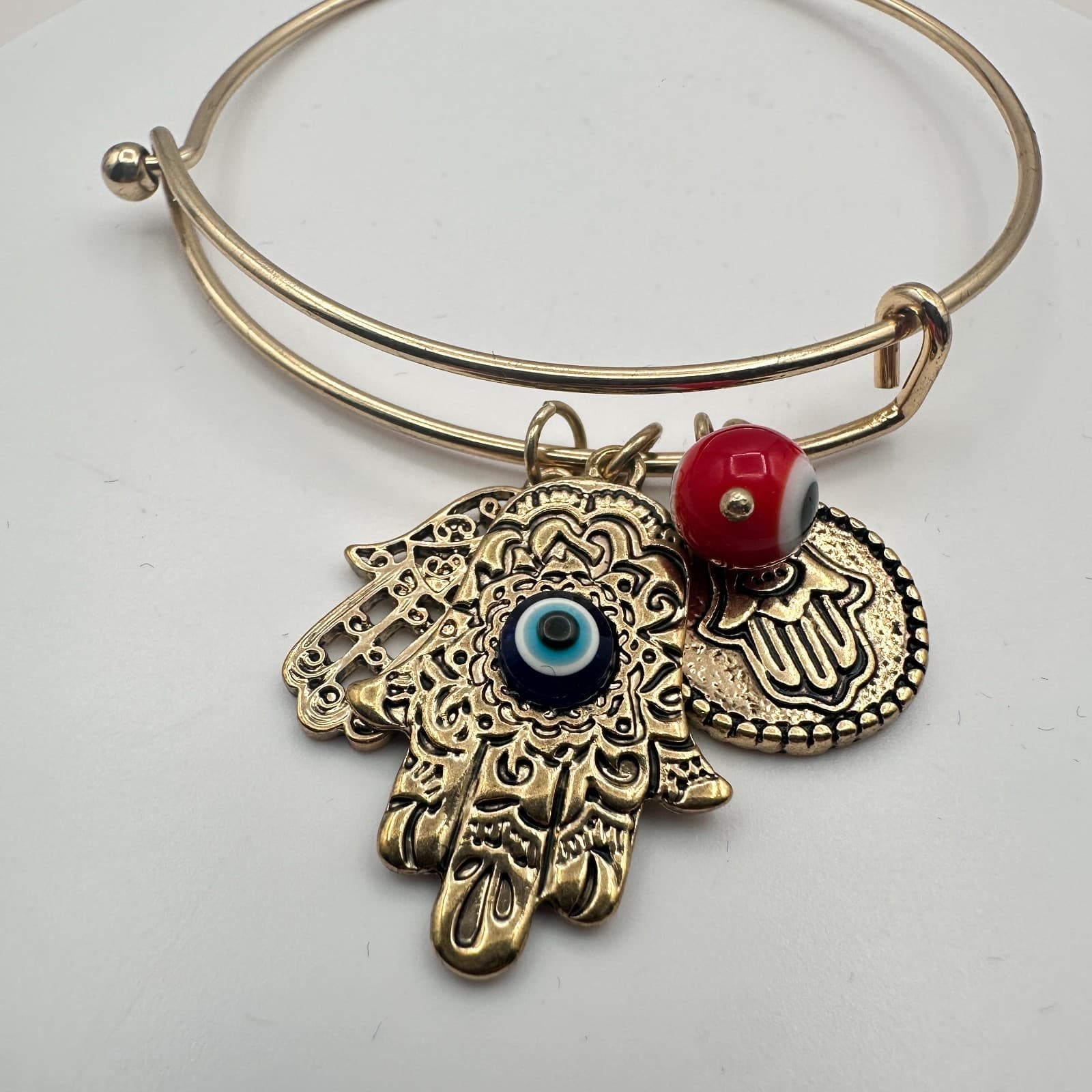 Vintage 90s Gold Tone Hamsa Hand Evil Eye Charm Bangle Bracelet Glass Bead Boho - Thumbnail 4