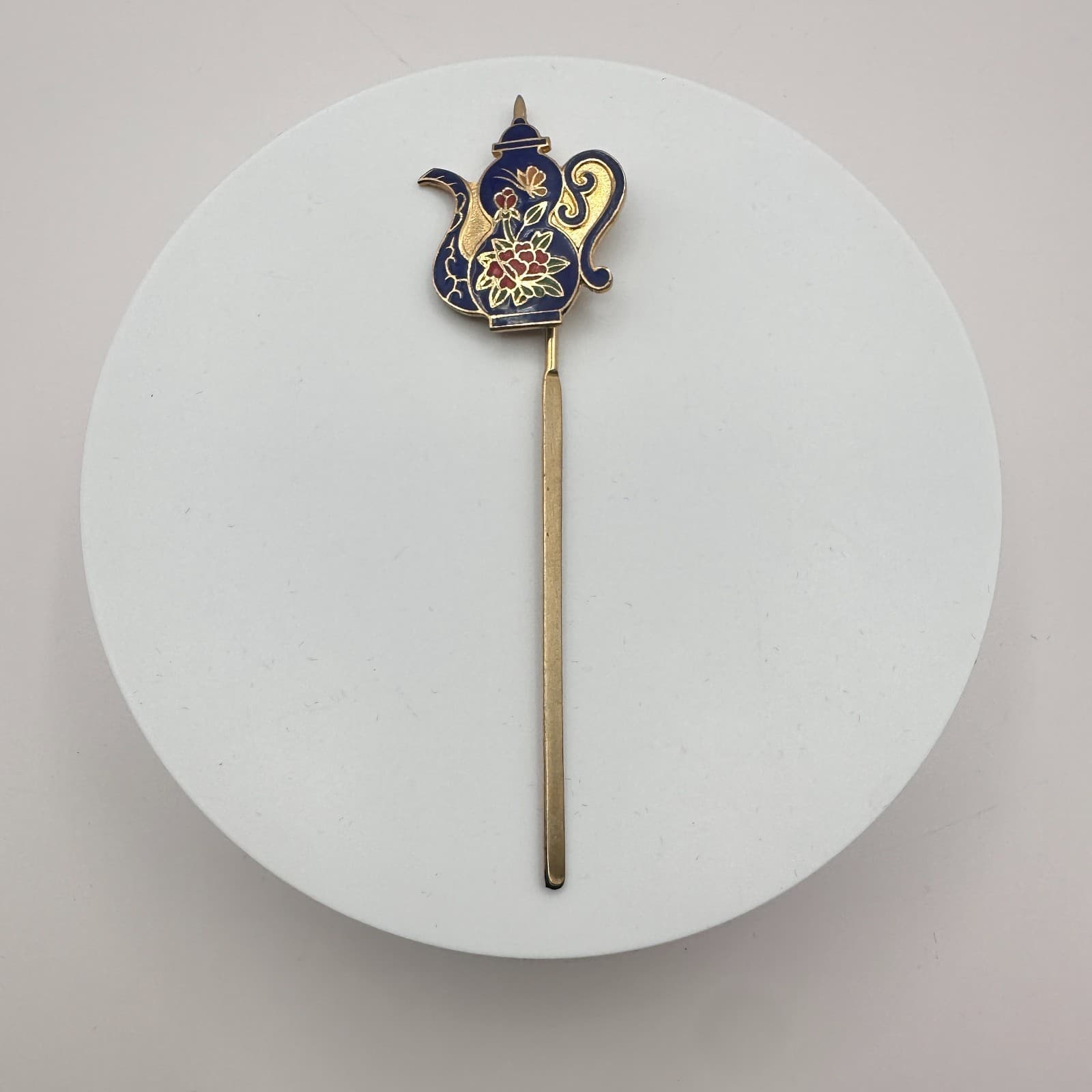 Vintage 90s Cloisonne Teapot Hair Sticks Gold Tone Blue Enamel Women's Jewelry - Thumbnail 3