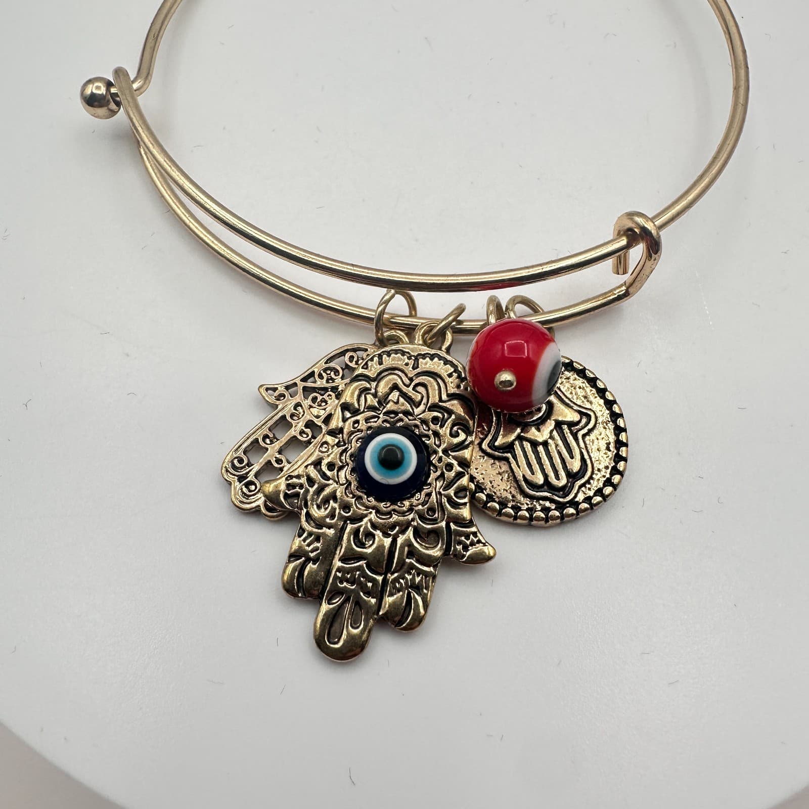 Vintage 90s Gold Tone Hamsa Hand Evil Eye Charm Bangle Bracelet Glass Bead Boho - Thumbnail 3