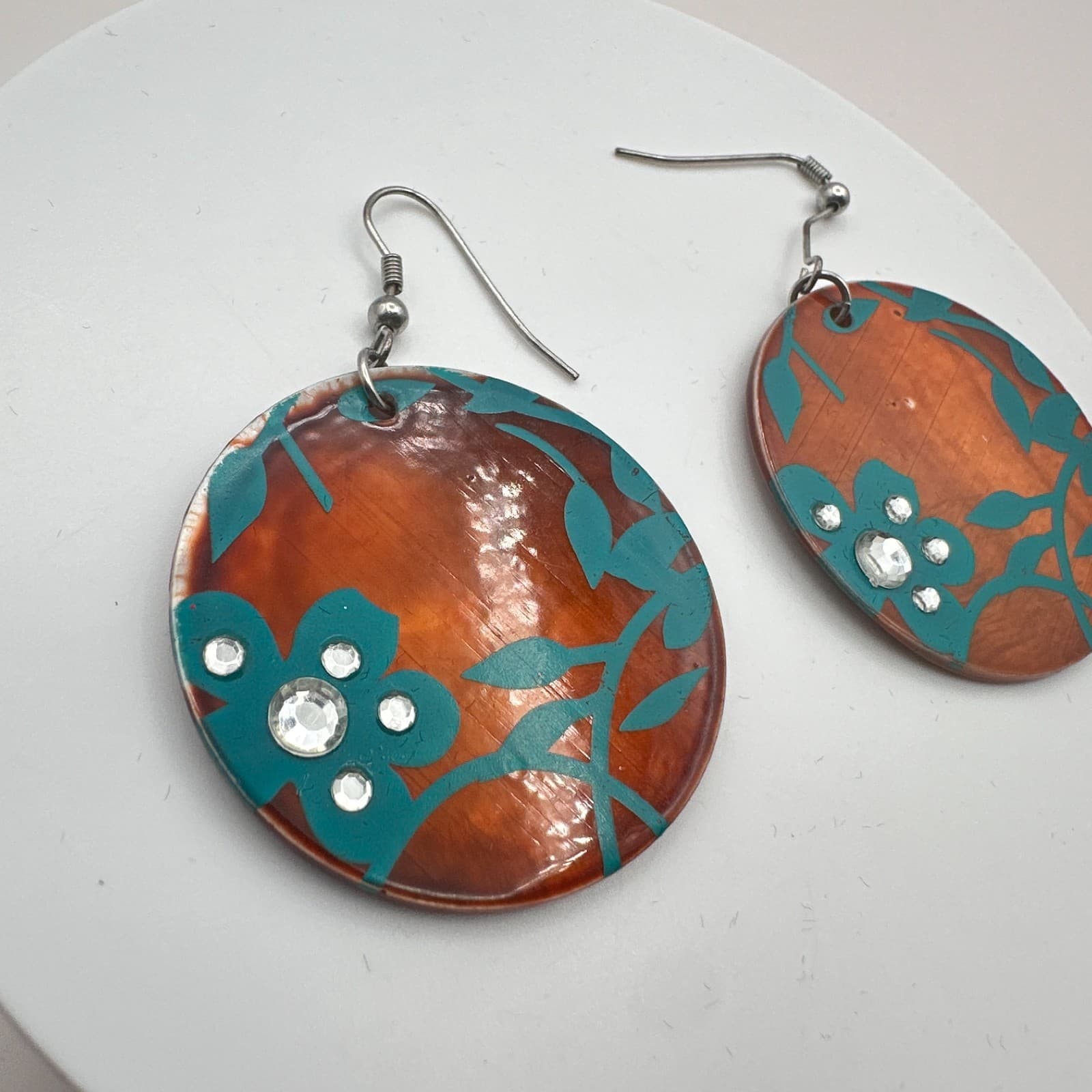 VTG 90s Silver Tone Teal Floral Round Dangle Earrings Women's Fashion Jewelry - Thumbnail 4