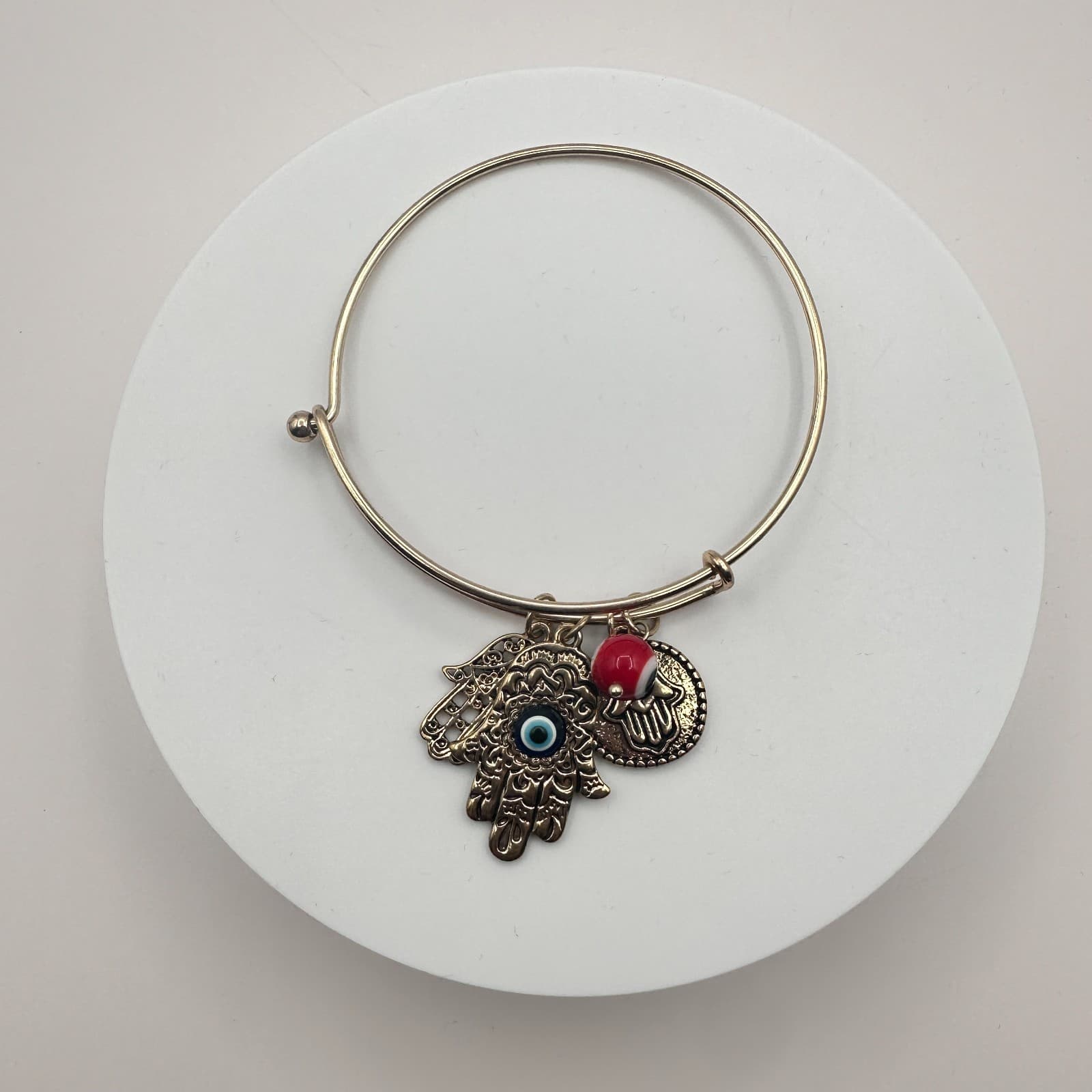 Vintage 90s Gold Tone Hamsa Hand Evil Eye Charm Bangle Bracelet Glass Bead Boho