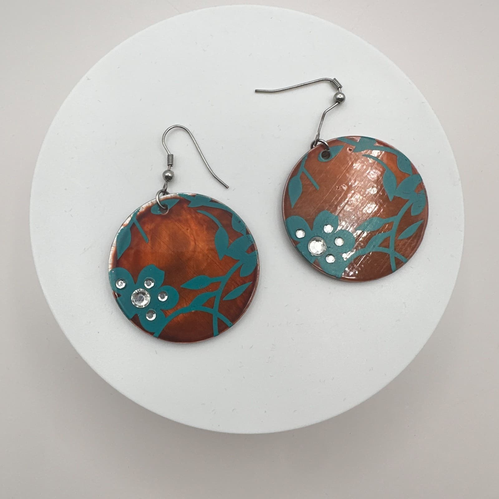 VTG 90s Silver Tone Teal Floral Round Dangle Earrings Women's Fashion Jewelry - Thumbnail 2
