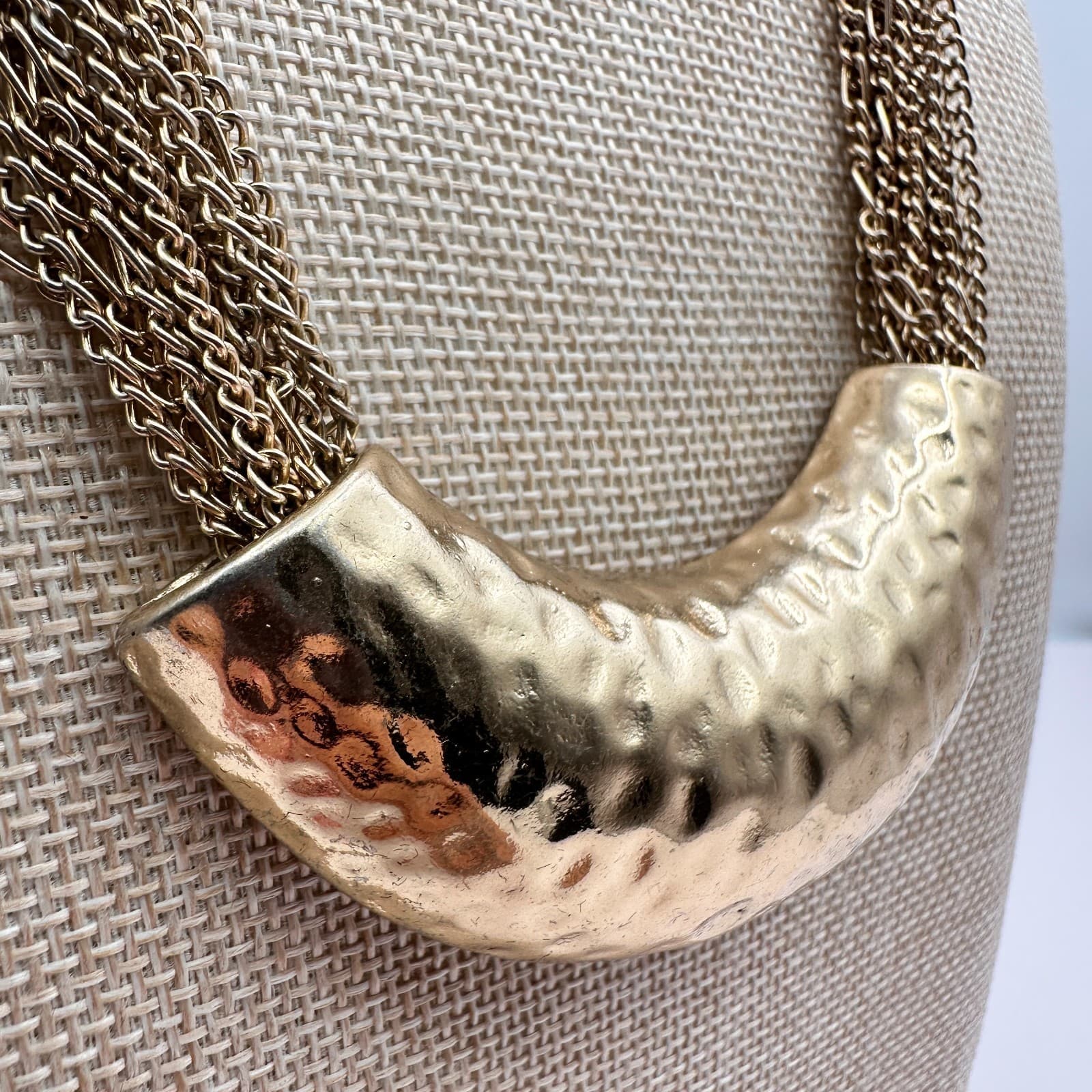 Vintage 90s Multi Strand Gold Tone Chain Hammered Crescent Statement Necklace - Thumbnail 7