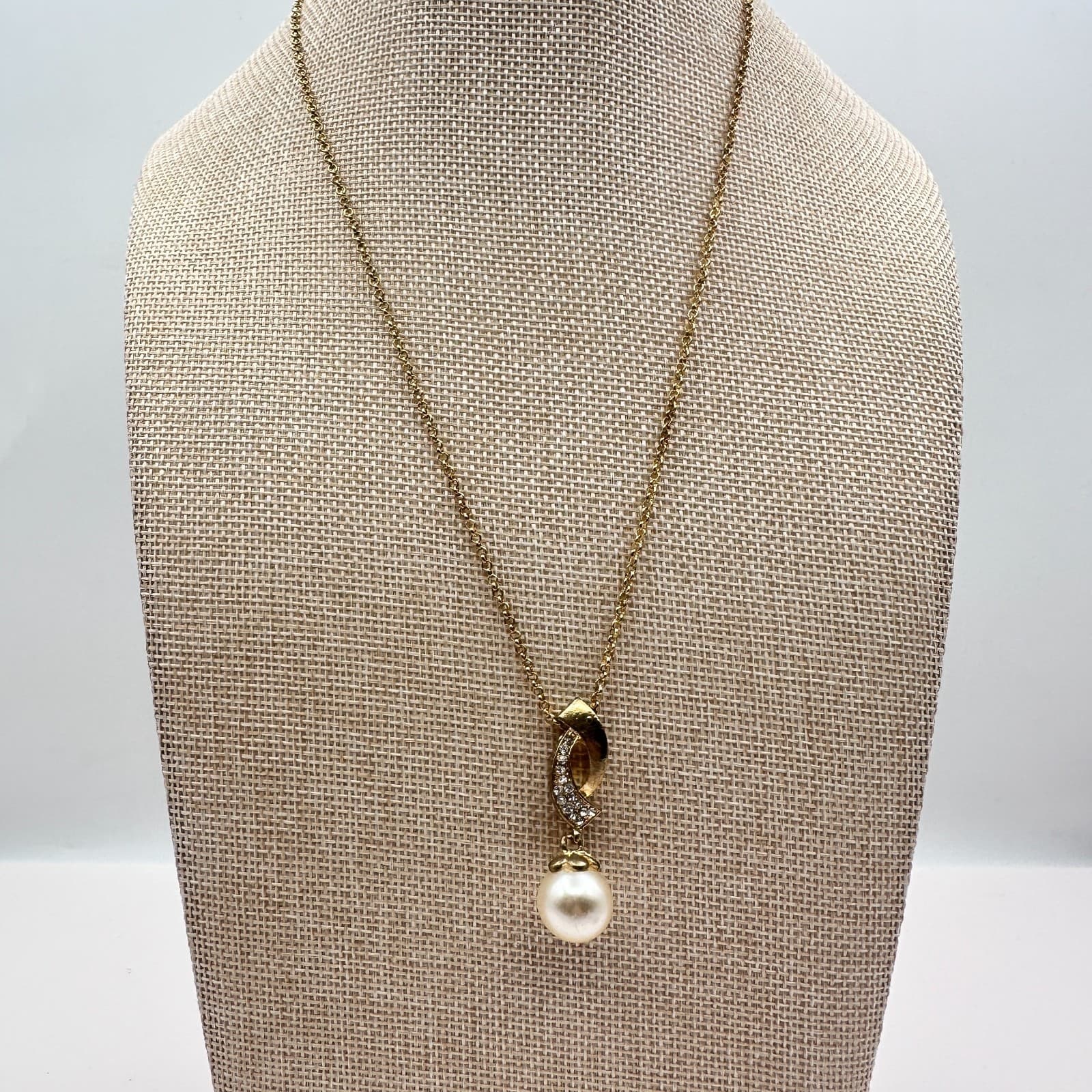 Vintage 90s Gold Tone Pearl Glass Necklace Pendant Retro Fashion Women's Jewelry - Thumbnail 6