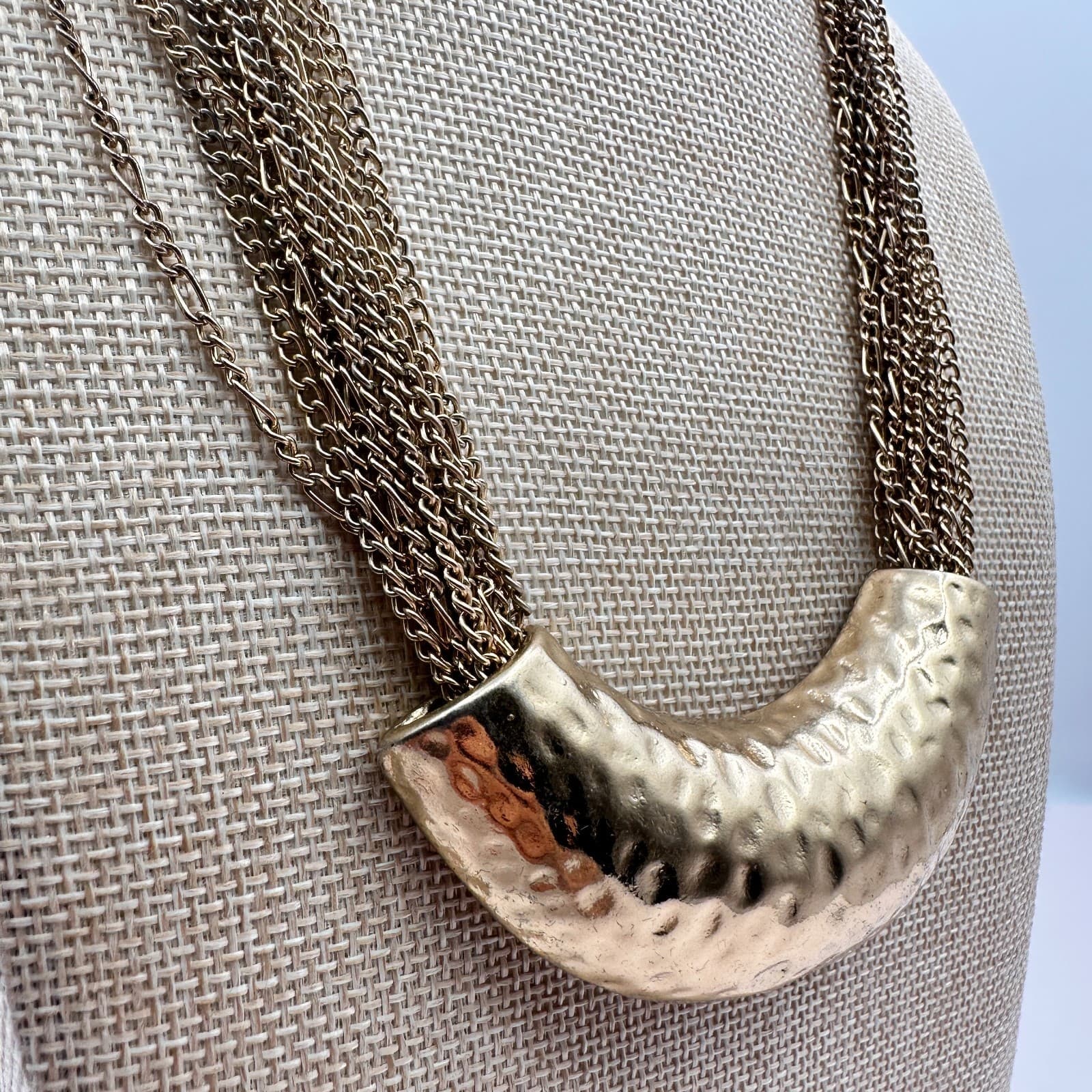 Vintage 90s Multi Strand Gold Tone Chain Hammered Crescent Statement Necklace - Thumbnail 4