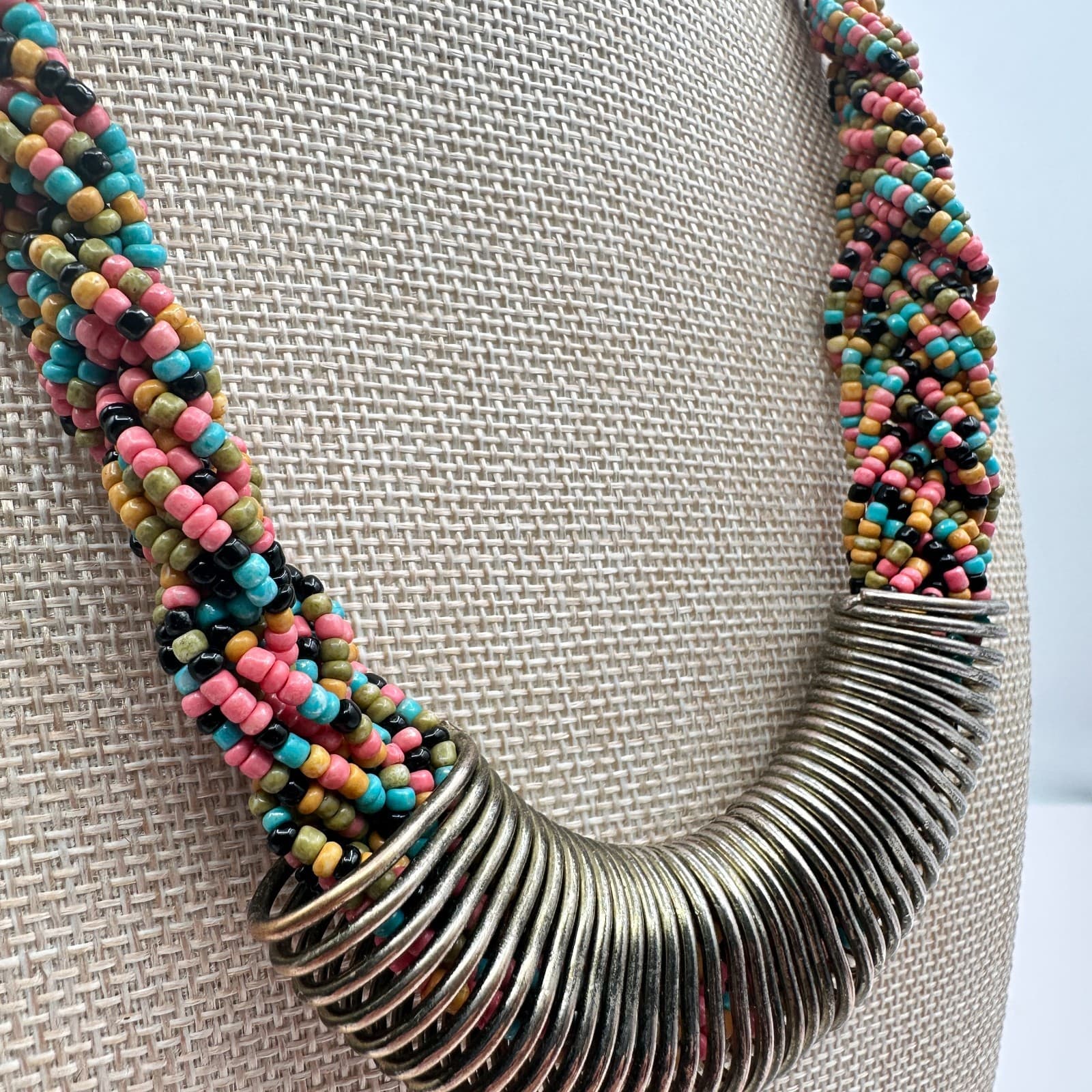 Vintage 90s Silver Tone Coil Rope Beaded Necklace Women's Classic Jewelry - Thumbnail 3