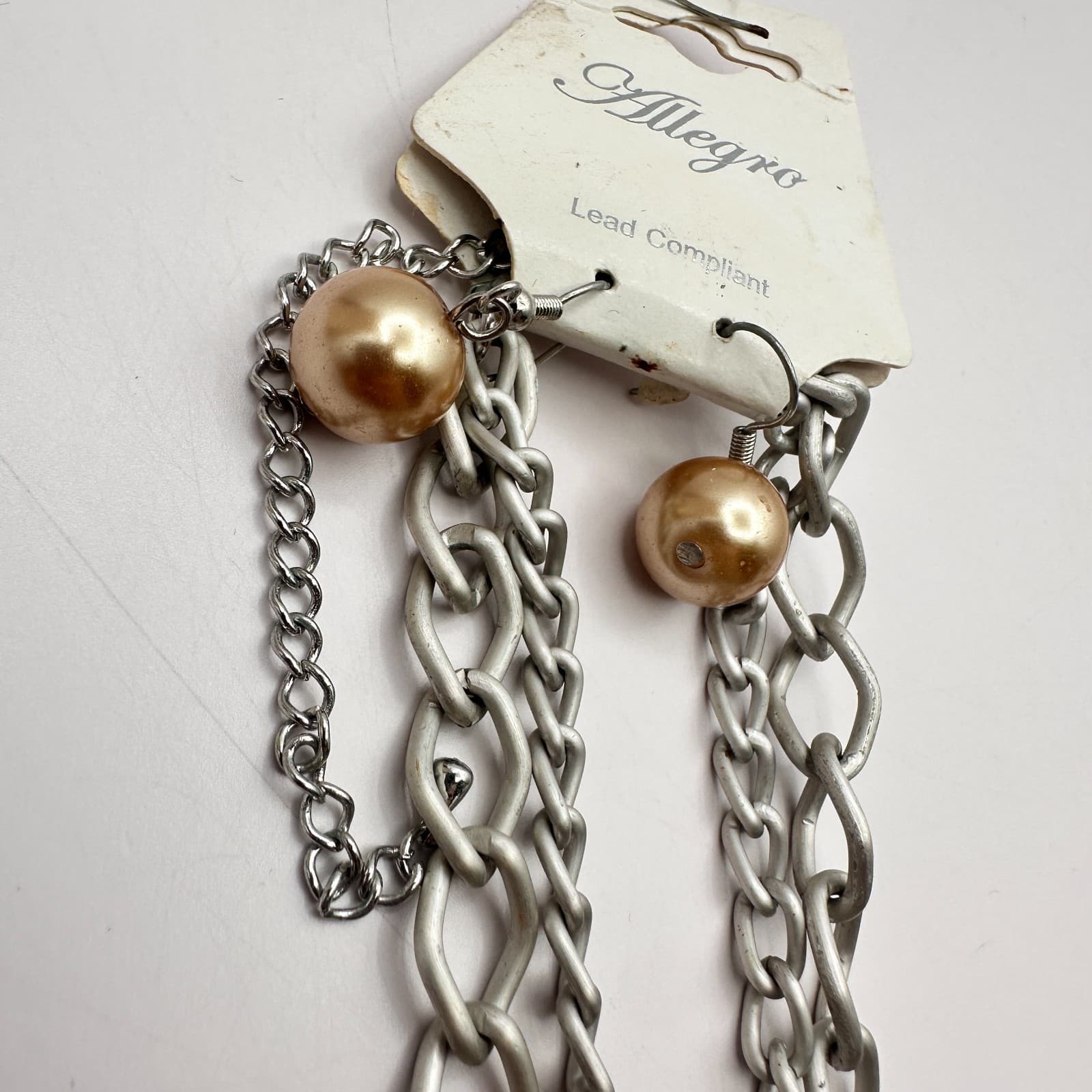 Vintage 90s Allegro Silver Tone Faux Pearl Glass Turquoise Necklace Earrings Set - Thumbnail 5