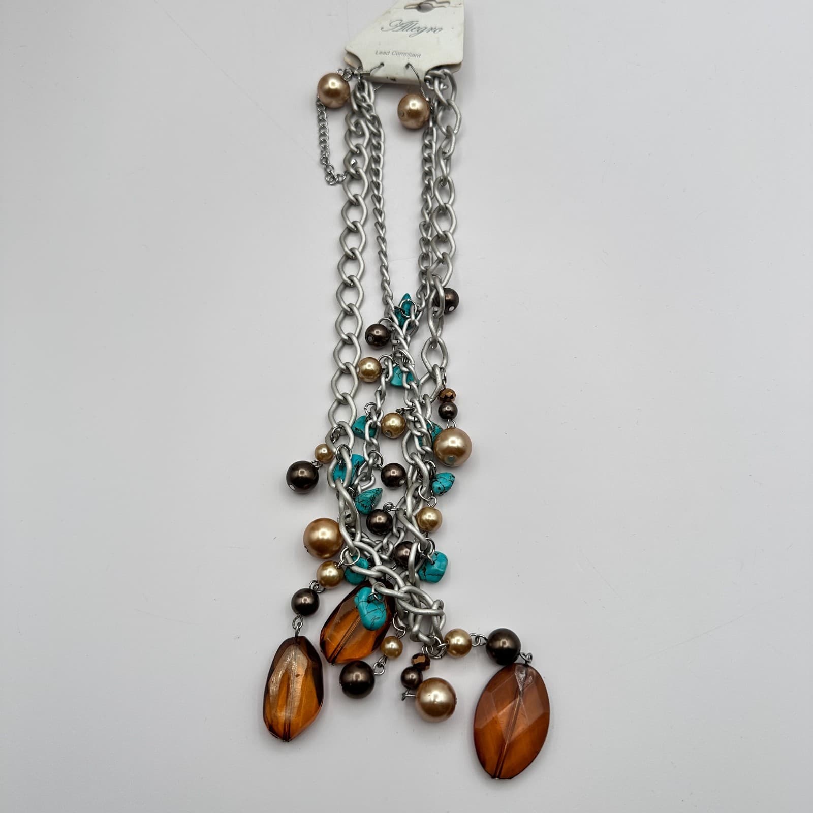 Vintage 90s Allegro Silver Tone Faux Pearl Glass Turquoise Necklace Earrings Set - Thumbnail 7