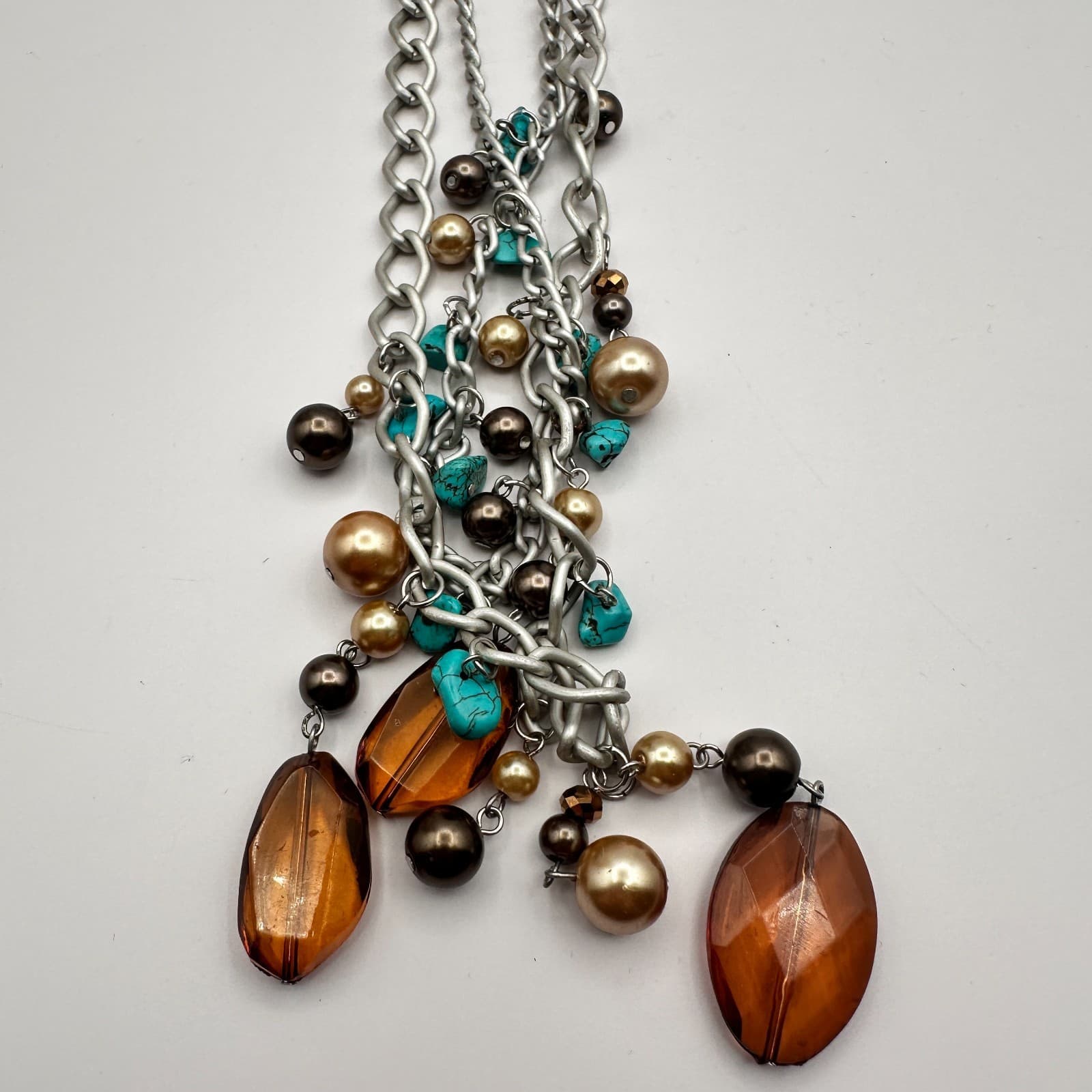 Vintage 90s Allegro Silver Tone Faux Pearl Glass Turquoise Necklace Earrings Set - Thumbnail 2
