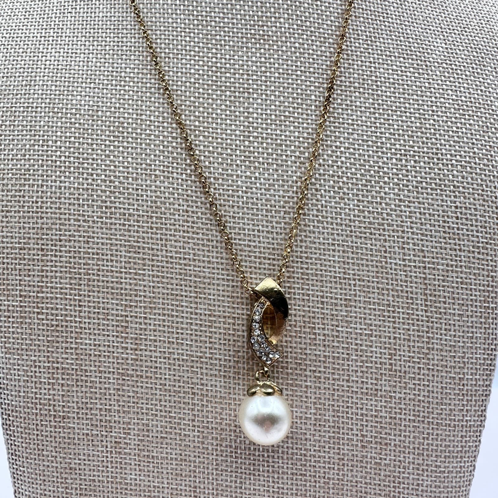 Vintage 90s Gold Tone Pearl Glass Necklace Pendant Retro Fashion Women's Jewelry - Thumbnail 5