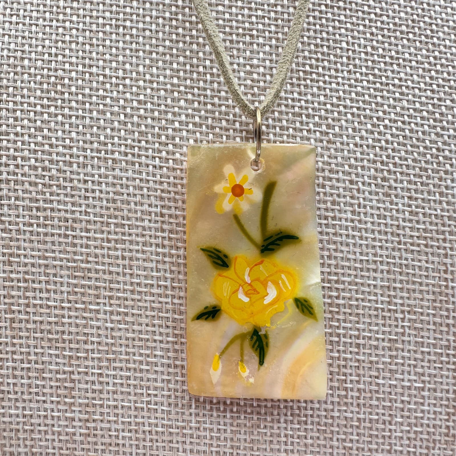 Vintage 90s Mother of Pearl Shell Hand Painted Yellow Rose Pendant Cord Necklace - Thumbnail 3
