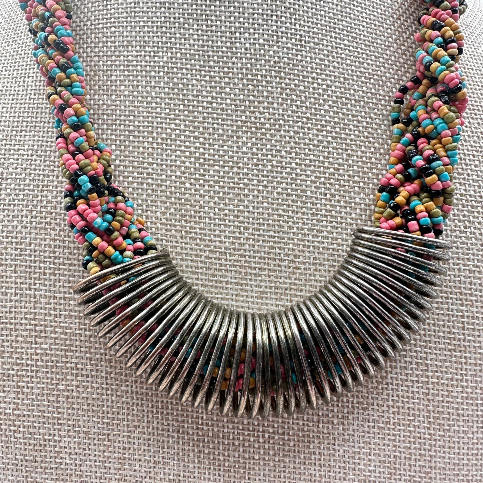 Vintage 90s Silver Tone Coil Rope Beaded Necklace Women's Classic Jewelry - Thumbnail 2