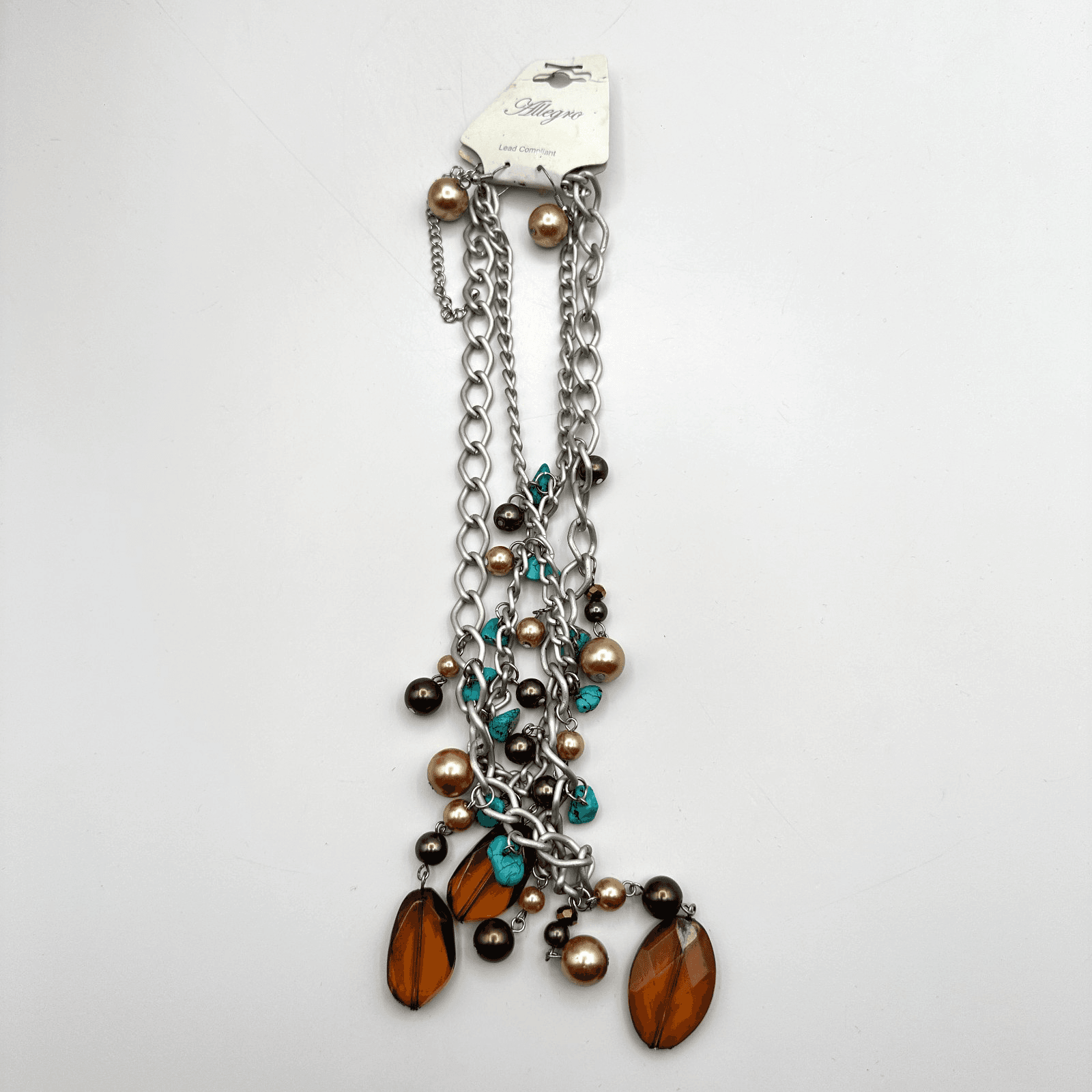 Vintage 90s Allegro Silver Tone Faux Pearl Glass Turquoise Necklace Earrings Set