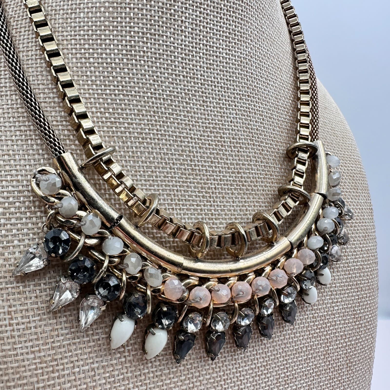 Vintage 90s Express Gold Tone Rhinestone Bib Necklace Statement Fashion Jewelry - Thumbnail 2