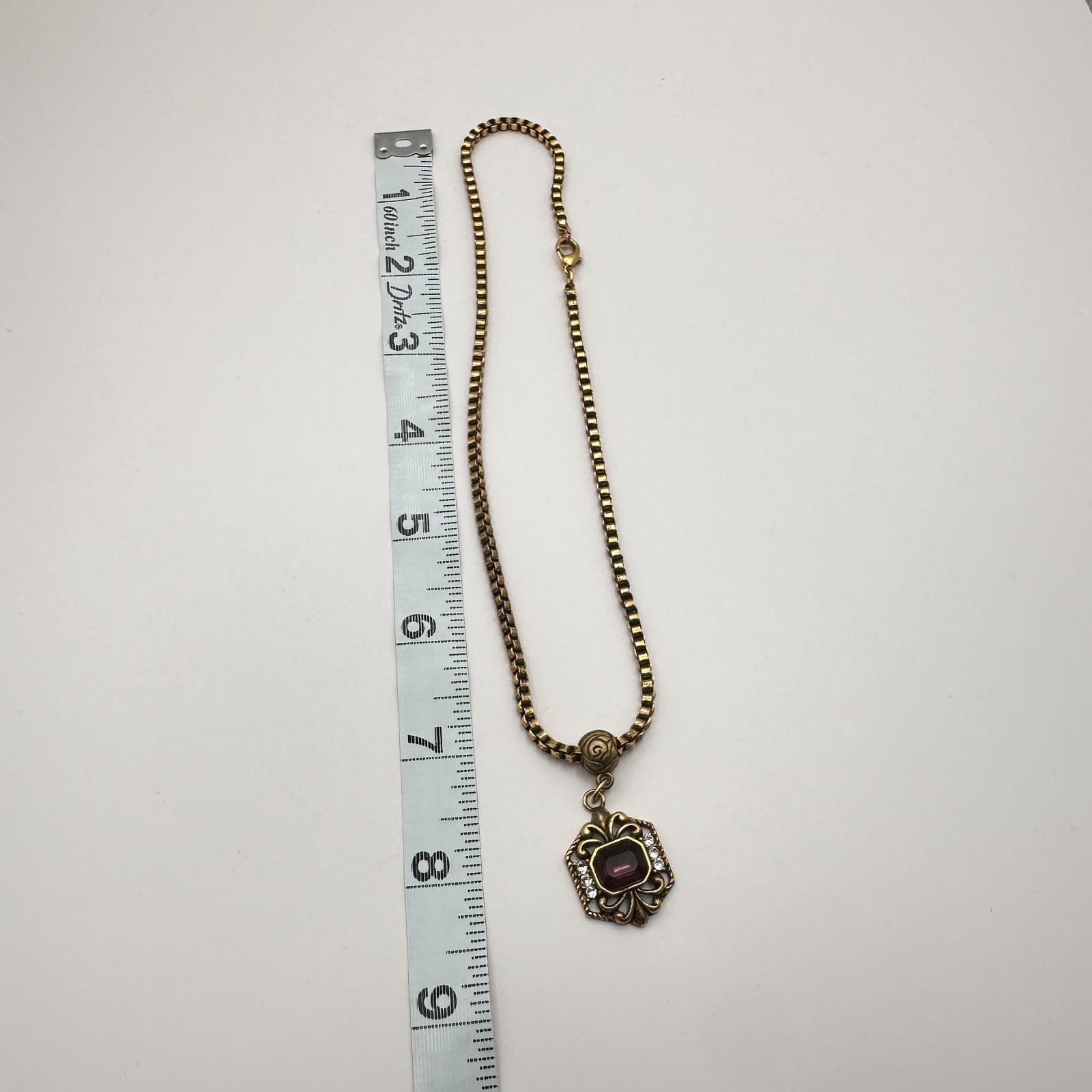 Vintage 90s GoldTone Purple Emerald Cut Glass Box Chain Necklace Fashion Jewelry - Thumbnail 8