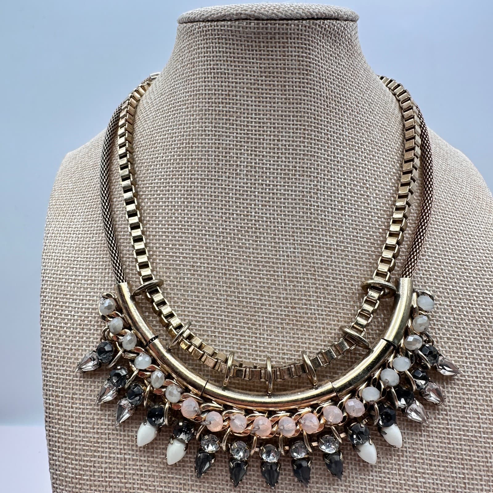 Vintage 90s Express Gold Tone Rhinestone Bib Necklace Statement Fashion Jewelry - Thumbnail 7