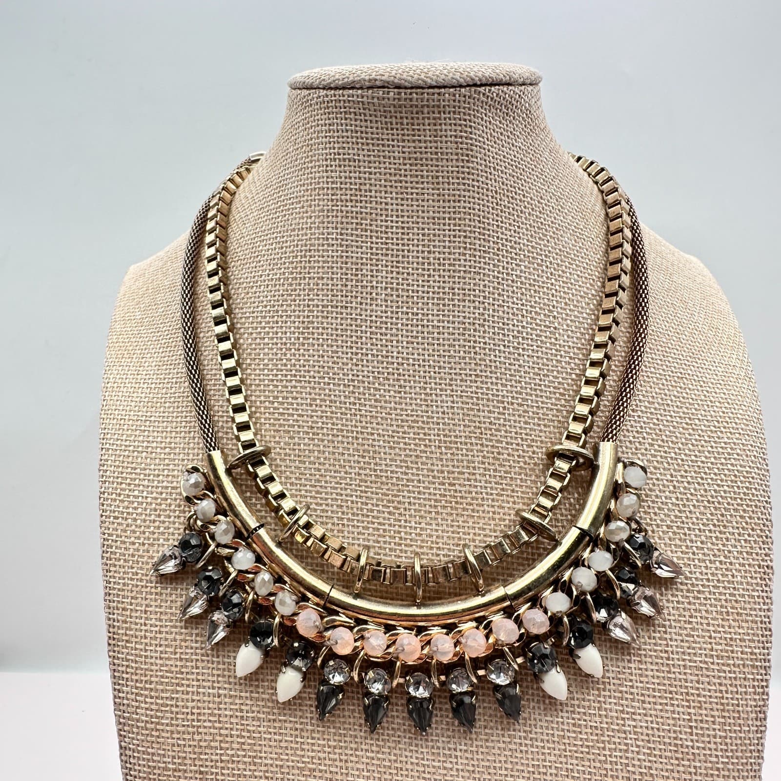 Vintage 90s Express Gold Tone Rhinestone Bib Necklace Statement Fashion Jewelry - Thumbnail 8