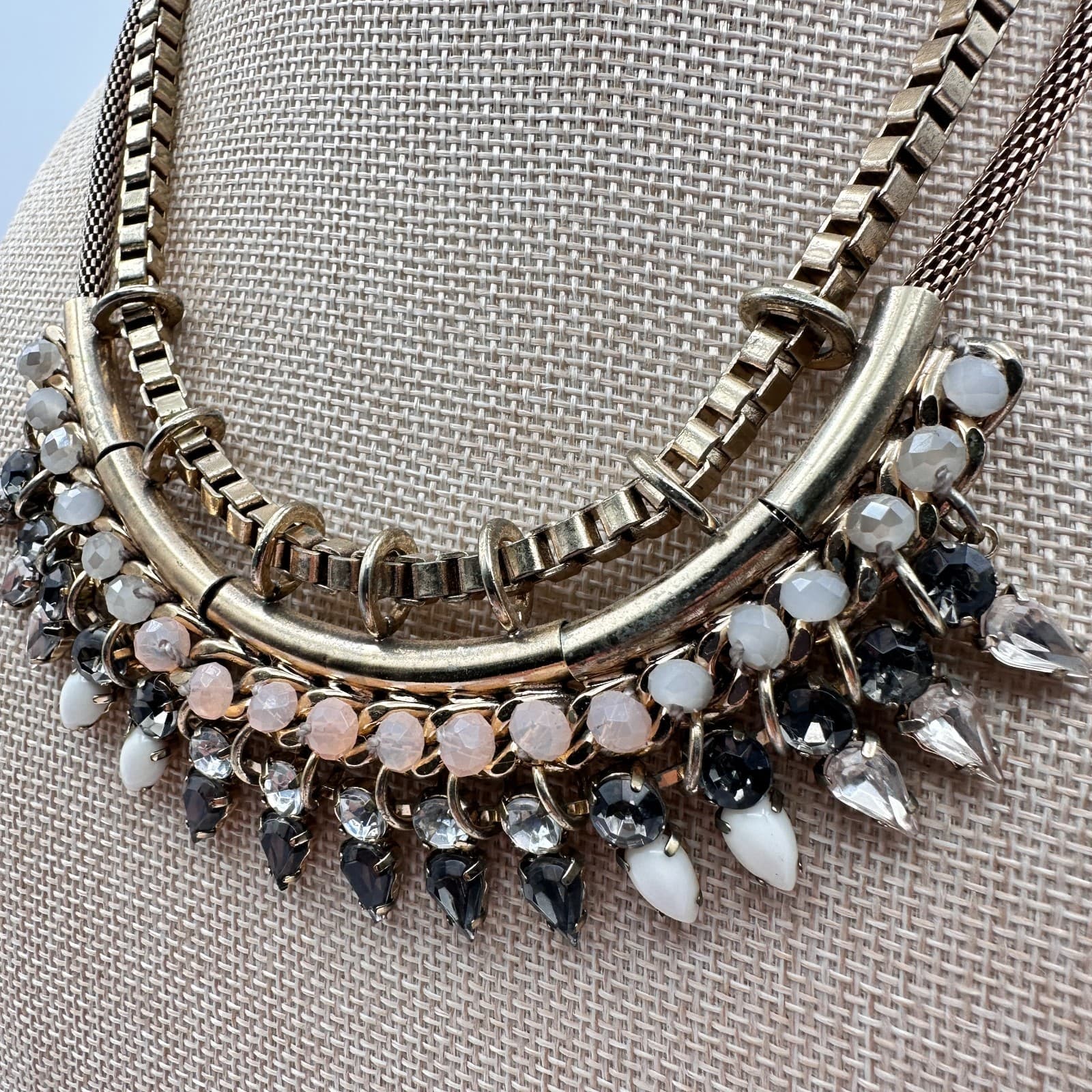 Vintage 90s Express Gold Tone Rhinestone Bib Necklace Statement Fashion Jewelry - Thumbnail 5