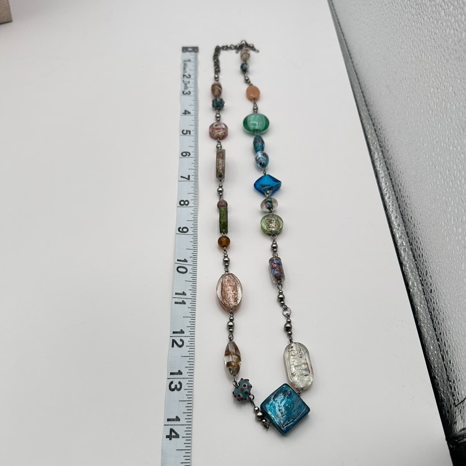 Vintage 90s Artisan Statement Necklace Glass Beads Silver Tone Chain Jewelry - Thumbnail 2
