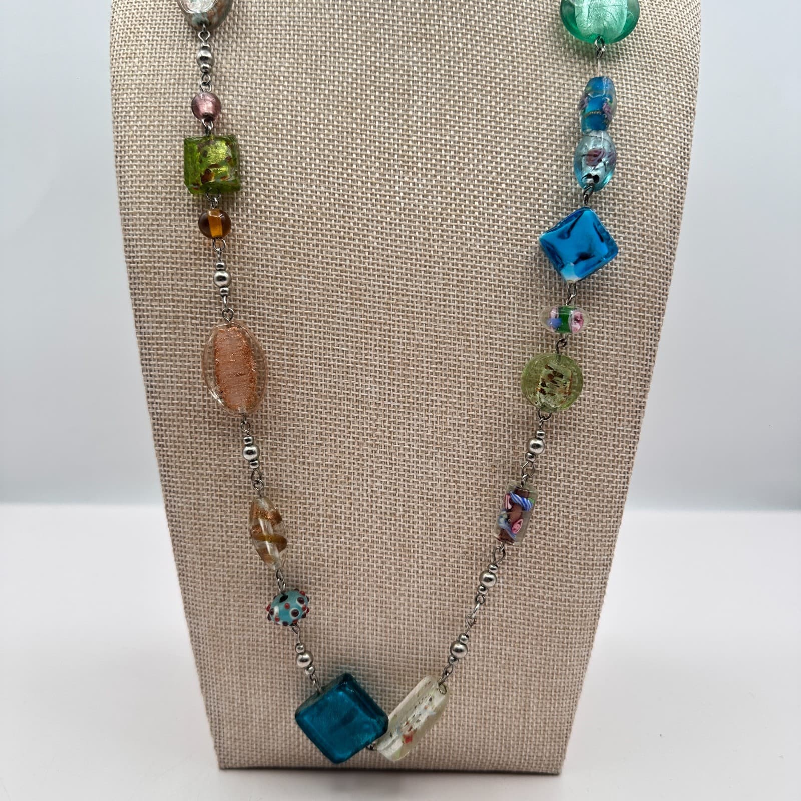 Vintage 90s Artisan Statement Necklace Glass Beads Silver Tone Chain Jewelry - Thumbnail 8