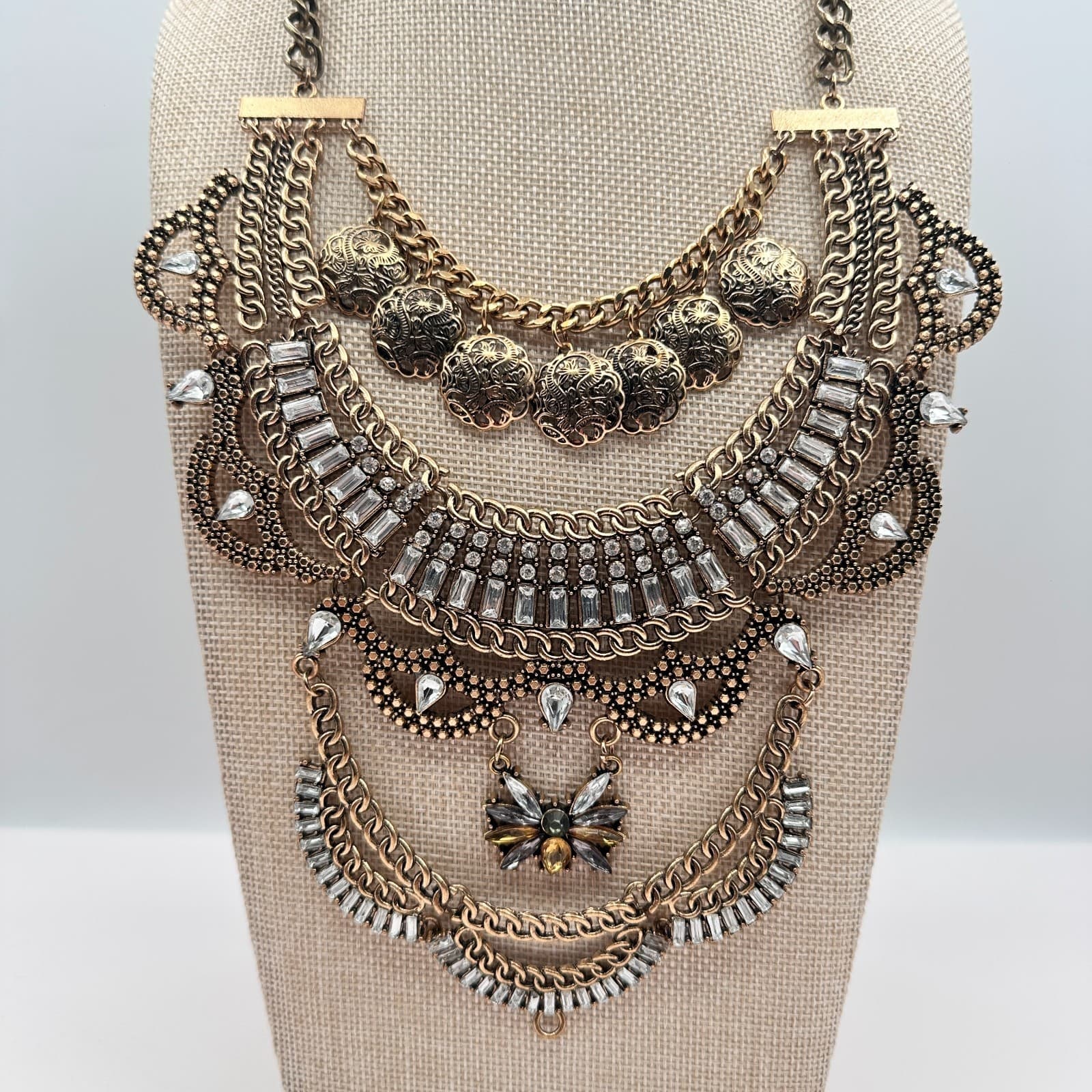 Vintage Y2k Gold Tone Multi Layer Statement Necklace Rhinestones Discs Jewelry - Thumbnail 10