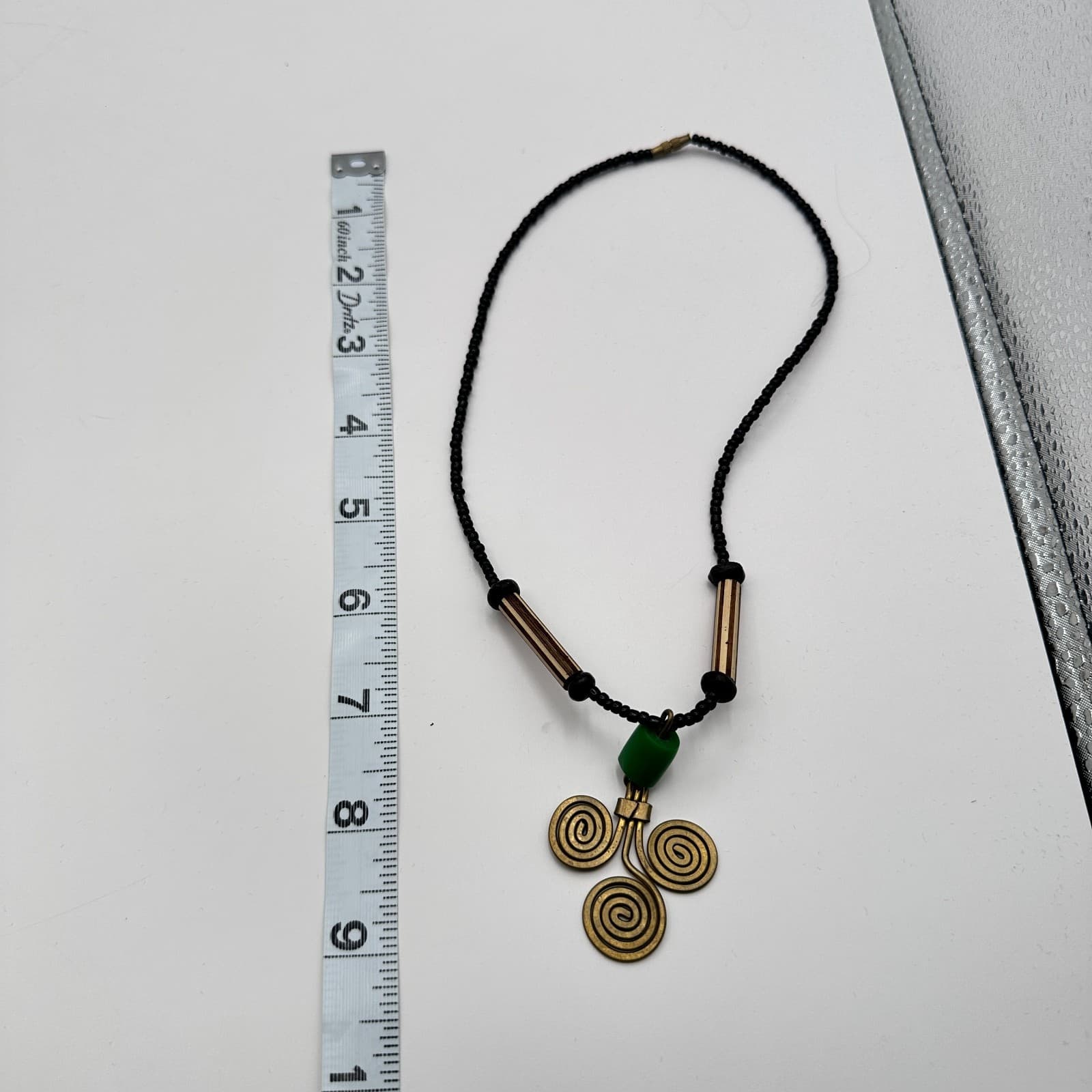 Vintage Y2K Artisan Triple Spiral Pendant Necklace Green Bead Wood Style Jewelry - Thumbnail 2