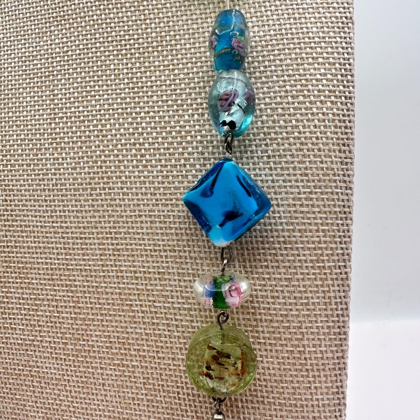 Vintage 90s Artisan Statement Necklace Glass Beads Silver Tone Chain Jewelry - Thumbnail 3