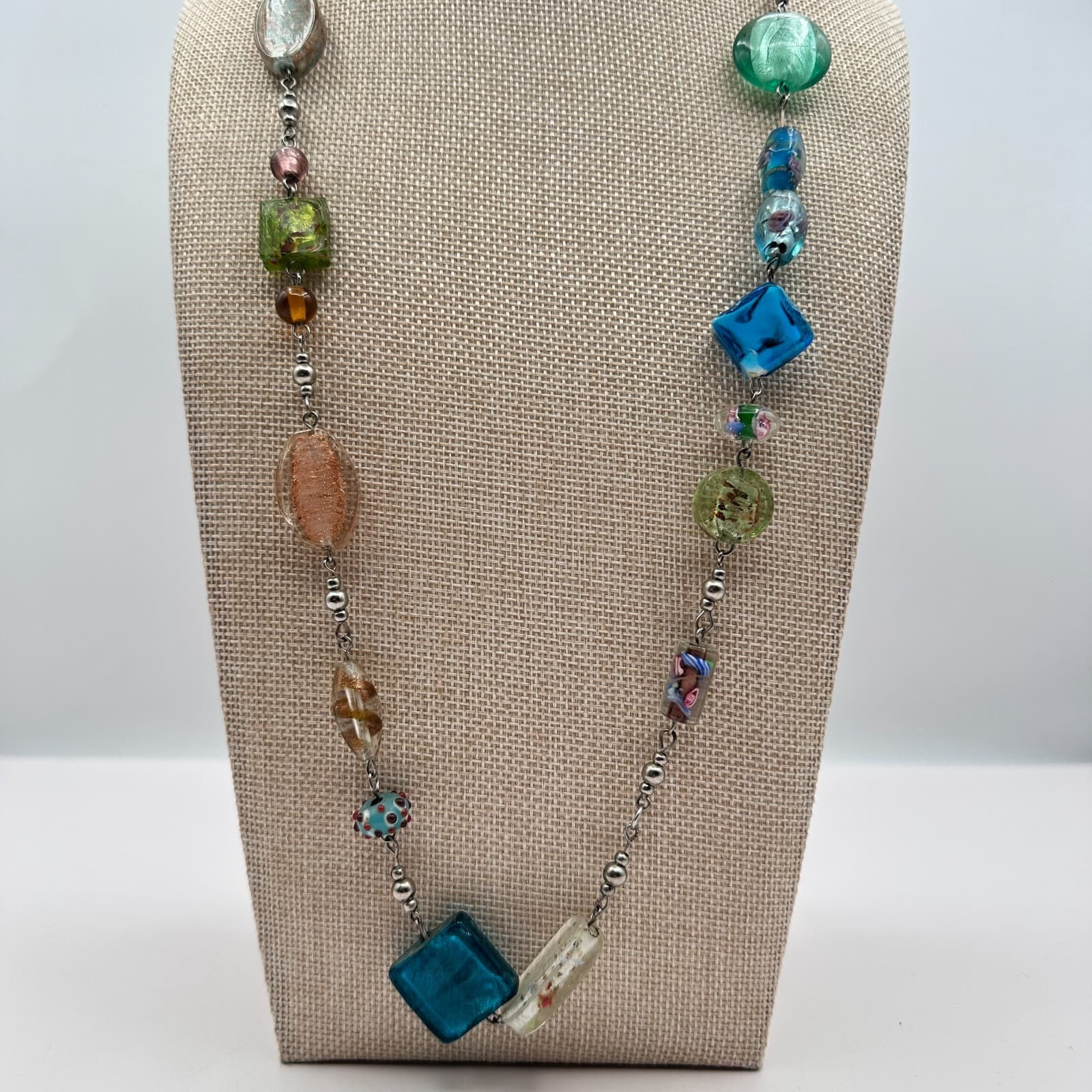 Vintage 90s Artisan Statement Necklace Glass Beads Silver Tone Chain Jewelry - Thumbnail 7