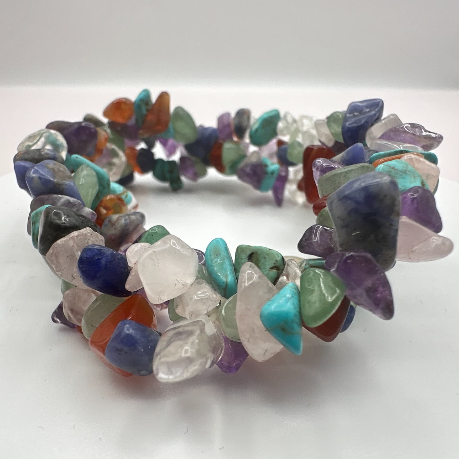 Vintage 70s Boho Stacked Chip Bracelet Amethyst Turquoise Rose Quartz Jewelry - Thumbnail 4