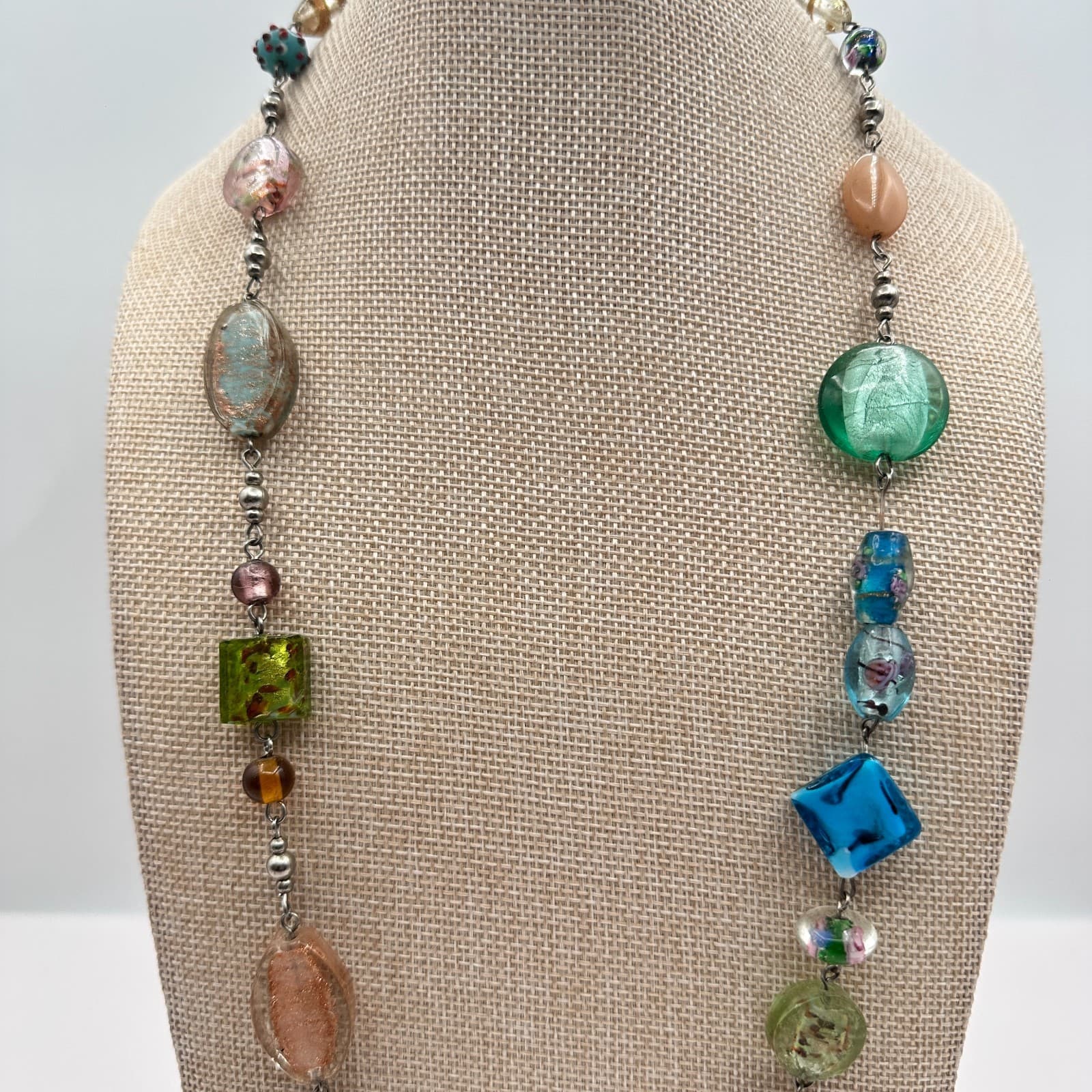 Vintage 90s Artisan Statement Necklace Glass Beads Silver Tone Chain Jewelry - Thumbnail 6