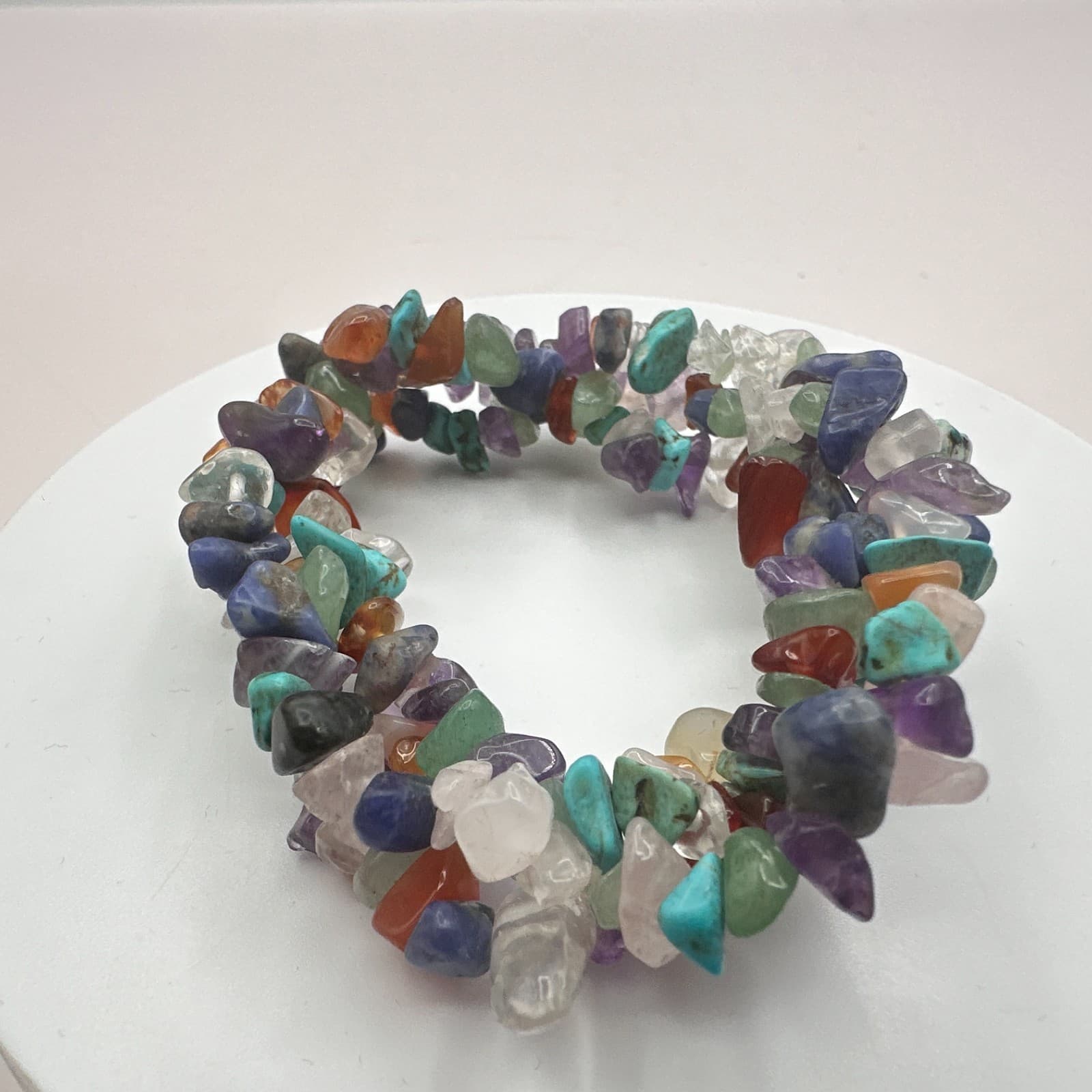 Vintage 70s Boho Stacked Chip Bracelet Amethyst Turquoise Rose Quartz Jewelry - Thumbnail 5
