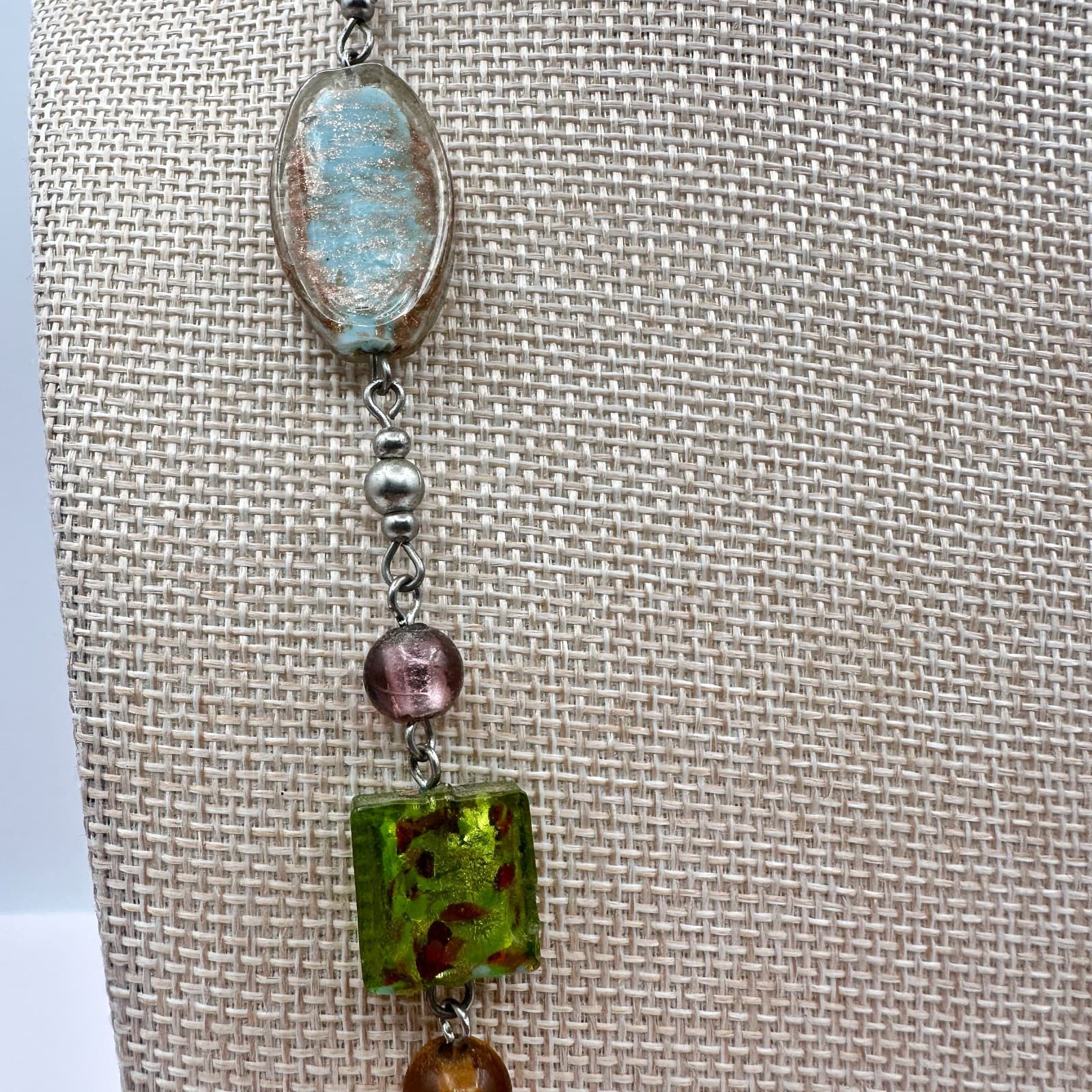 Vintage 90s Artisan Statement Necklace Glass Beads Silver Tone Chain Jewelry - Thumbnail 5
