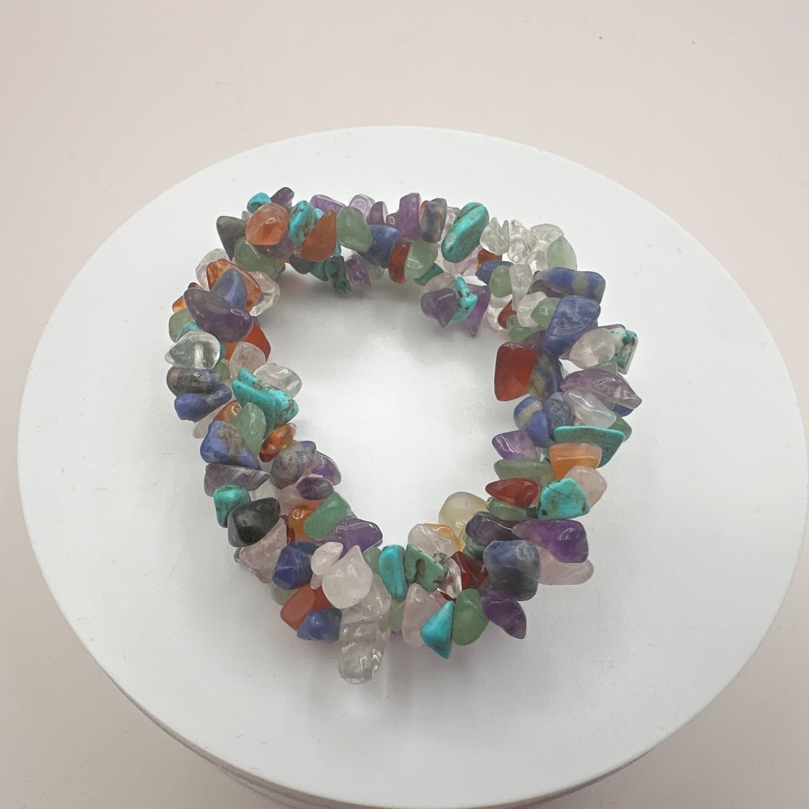 Vintage 70s Boho Stacked Chip Bracelet Amethyst Turquoise Rose Quartz Jewelry - Thumbnail 2