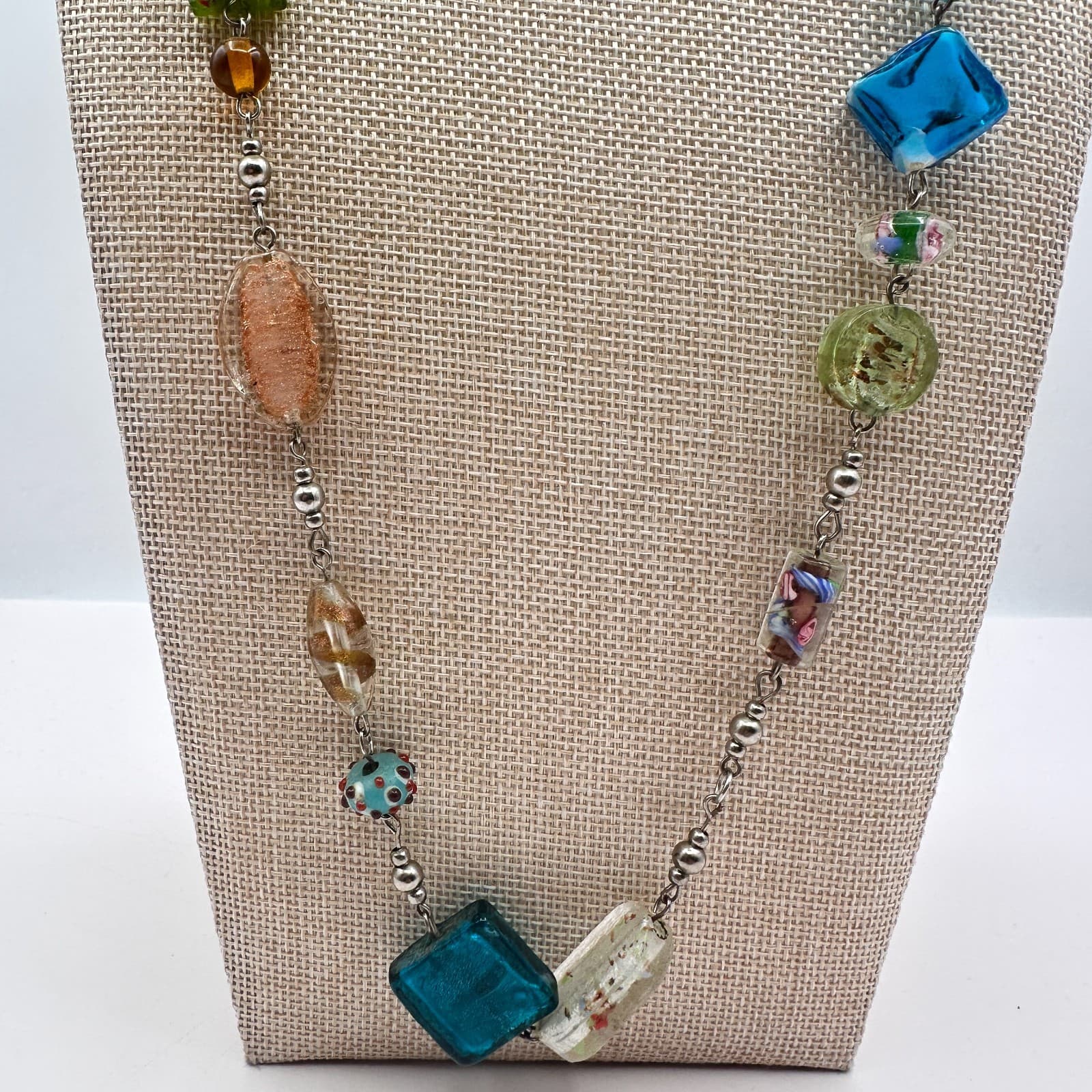 Vintage 90s Artisan Statement Necklace Glass Beads Silver Tone Chain Jewelry - Thumbnail 4